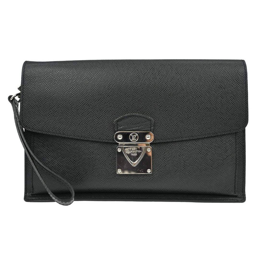 Louis Vuitton Veraiya Taiga Black Leather Small Clutch with Wrist Strap: Louis Vuitton Veraiya Taiga Black Leather Small Clutch with Wrist Strap This Louis Vuitton Taiga Veraiya clutch bag features a black Taiga leather exterior with a silver-tone wrist strap. The bag is