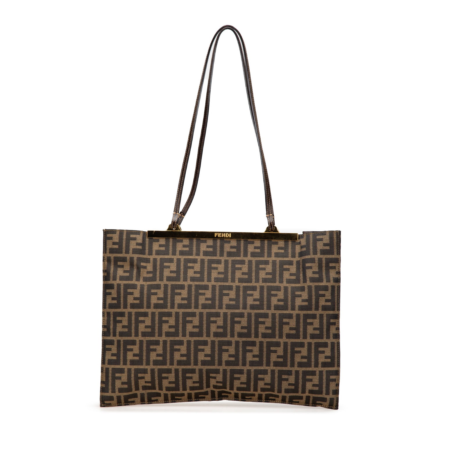 Brown Canvas Tote Bag with Leather Straps by Fendi Zucca: Brown Canvas Tote Bag with Leather Straps by Fendi Zucca This Fendi Zucca Canvas Tote features a brown canvas body with flat leather straps, an open top with a metal frame, and a magnetic snap