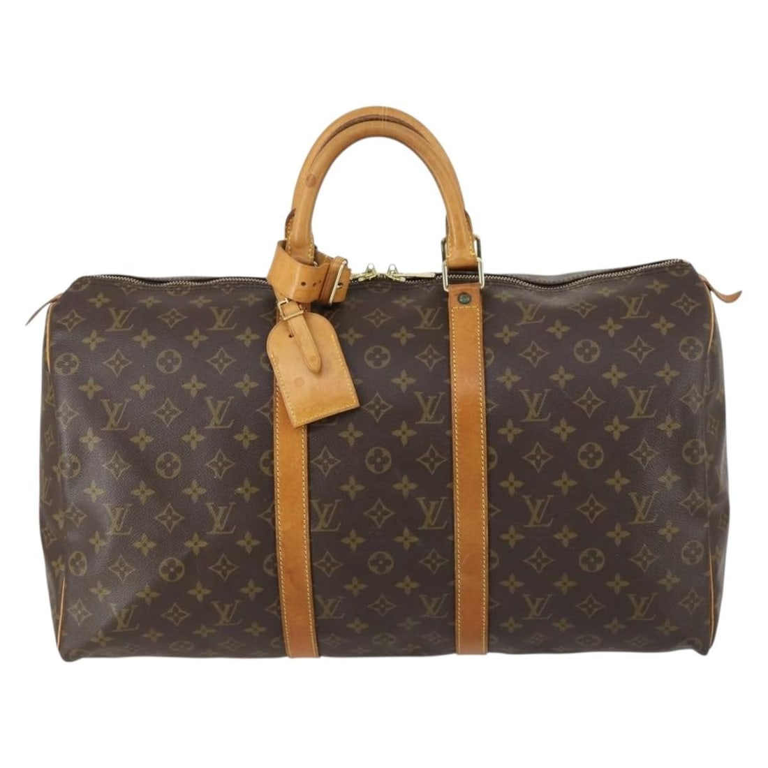 Unisex Louis Vuitton Monogram Canvas Keepall Bag 50cm: Unisex Louis Vuitton Monogram Canvas Keepall Bag 50cm Unisex Louis Vuitton Keepall Bag crafted from brown monogram canvas with leather accents. The bag features a spacious design suitable for travel o