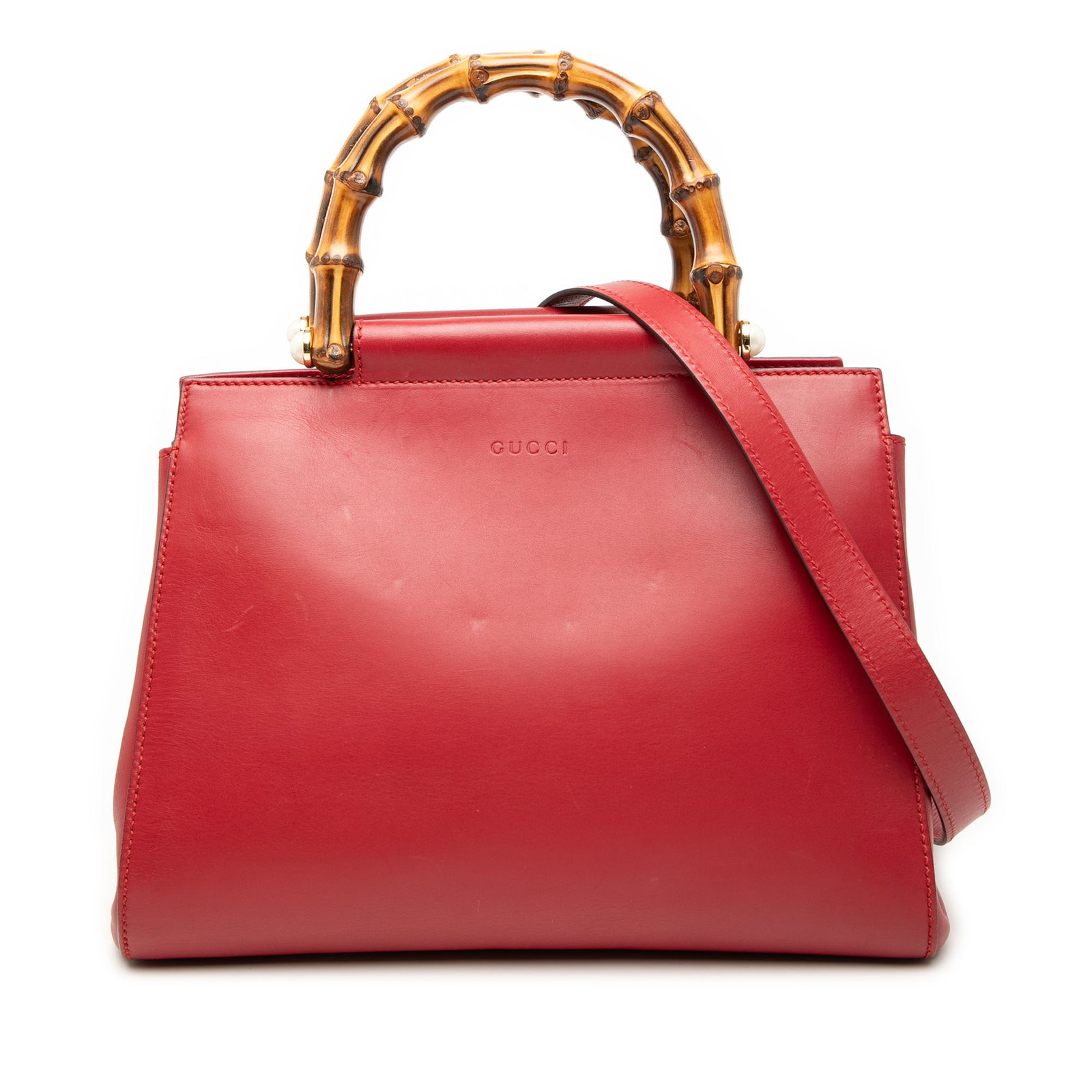 Gucci Nymphaea Small Red Leather Satchel with Bamboo Handles: Gucci Nymphaea Small Red Leather Satchel with Bamboo Handles This Gucci Small Leather Bamboo Nymphaea Satchel is crafted from leather and features signature bamboo handles. The bag has an open top wit