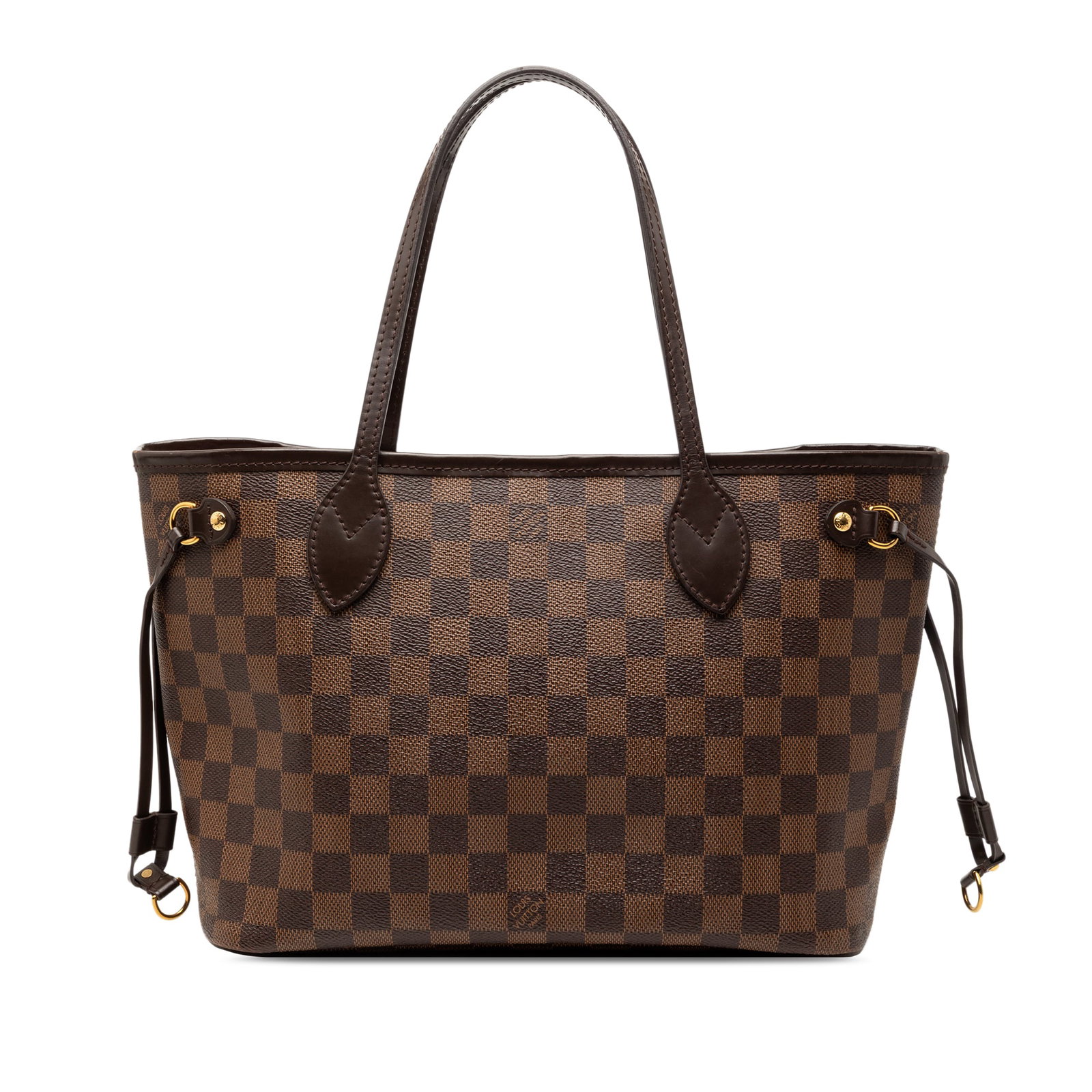 Louis Vuitton Neverfull PM Tote in Damier Ebene Canvas with Leather Trim: Louis Vuitton Neverfull PM Tote in Damier Ebene Canvas with Leather Trim This Louis Vuitton Damier Ebene Neverfull PM features a damier canvas body with leather trim, flat leather straps, an open top 