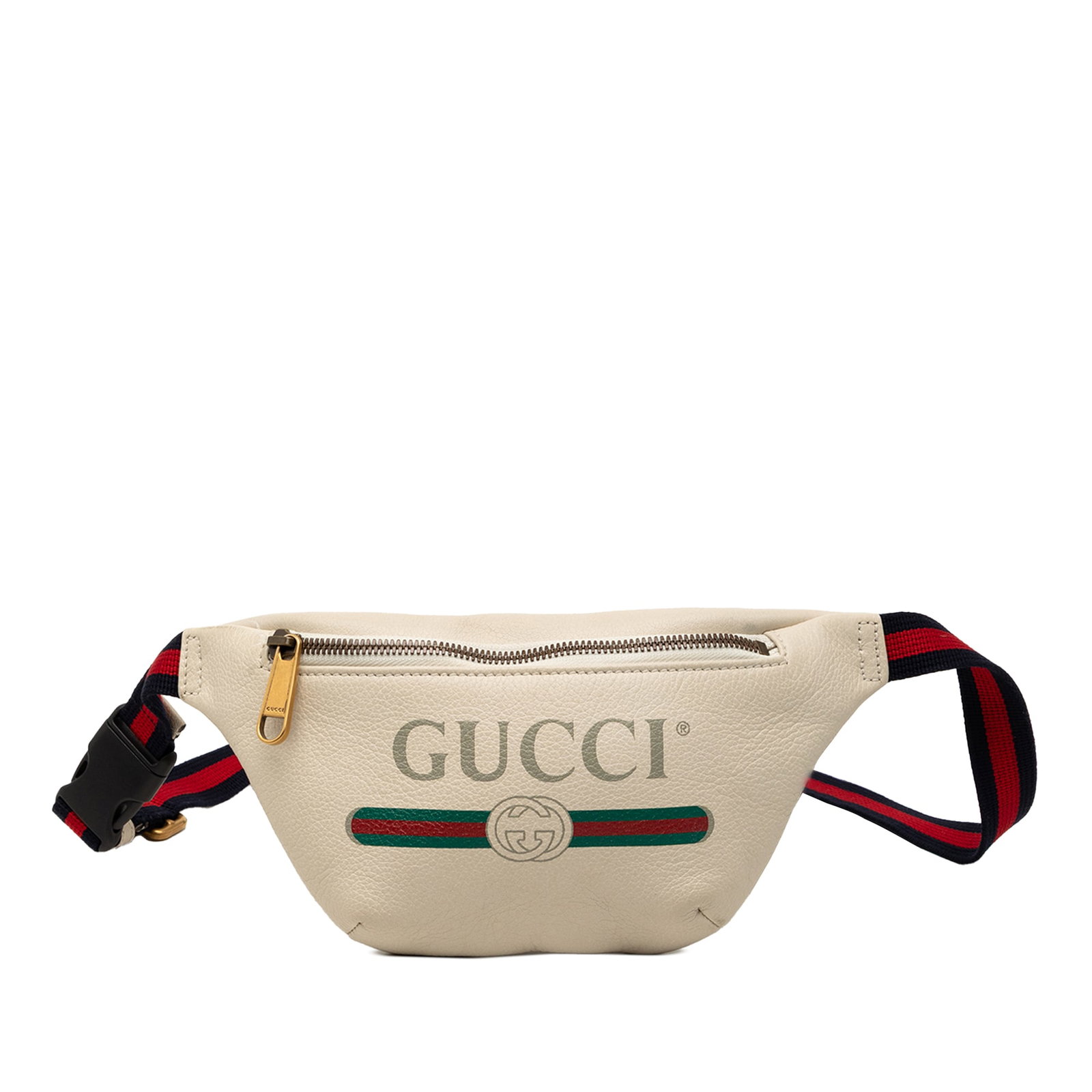 Gucci White Leather Small Logo Waist Belt Bag with Adjustable Strap: Gucci White Leather Small Logo Waist Belt Bag with Adjustable Strap This Gucci Small Grained Calfskin Logo Belt Bag features a printed leather body in white, complemented by an adjustable canvas waist