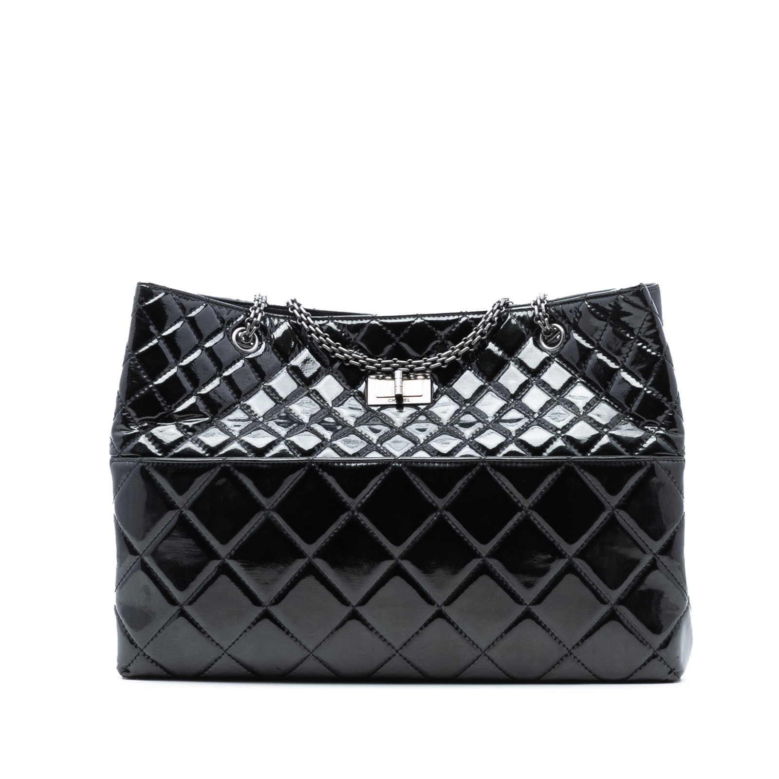 Chanel Black Patent Leather Quilted Reissue 2.55 Tote Bag with Chain Straps: Chanel Black Patent Leather Quilted Reissue 2.55 Tote Bag with Chain Straps This Chanel Quilted Patent Reissue 2.55 Tote features a black quilted patent leather exterior, complemented by silver-tone c