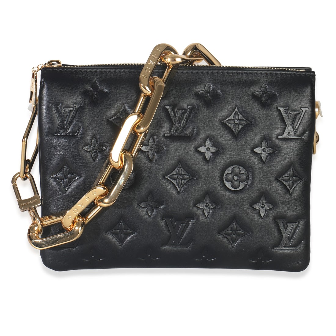 Coussin BB Black Lambskin Shoulder Bag by Louis Vuitton with Accessories: Coussin BB Black Lambskin Shoulder Bag by Louis Vuitton with Accessories The Louis Vuitton Coussin BB is a black shoulder bag crafted from monogram-embossed lambskin leather. It features a zip-top clo
