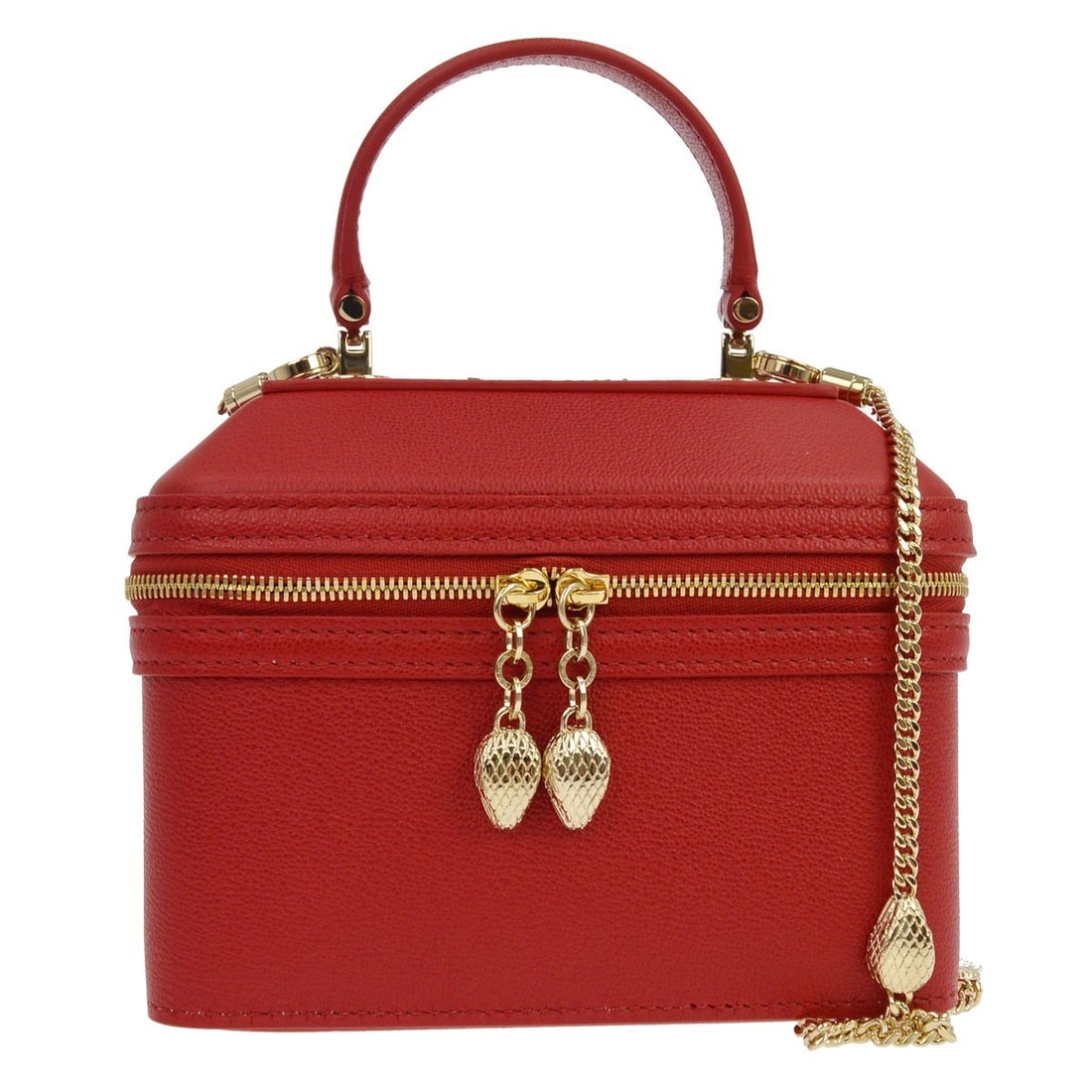 Red Leather Vanity Bag Bvlgari Forever Serpenti Collection 16cm x 13cm x 9cm: Red Leather Vanity Bag Bvlgari Forever Serpenti Collection 16cm x 13cm x 9cm The Bvlgari Forever Serpenti Vanity Bag is crafted from red leather and designed for women. This Italian-made bag features 