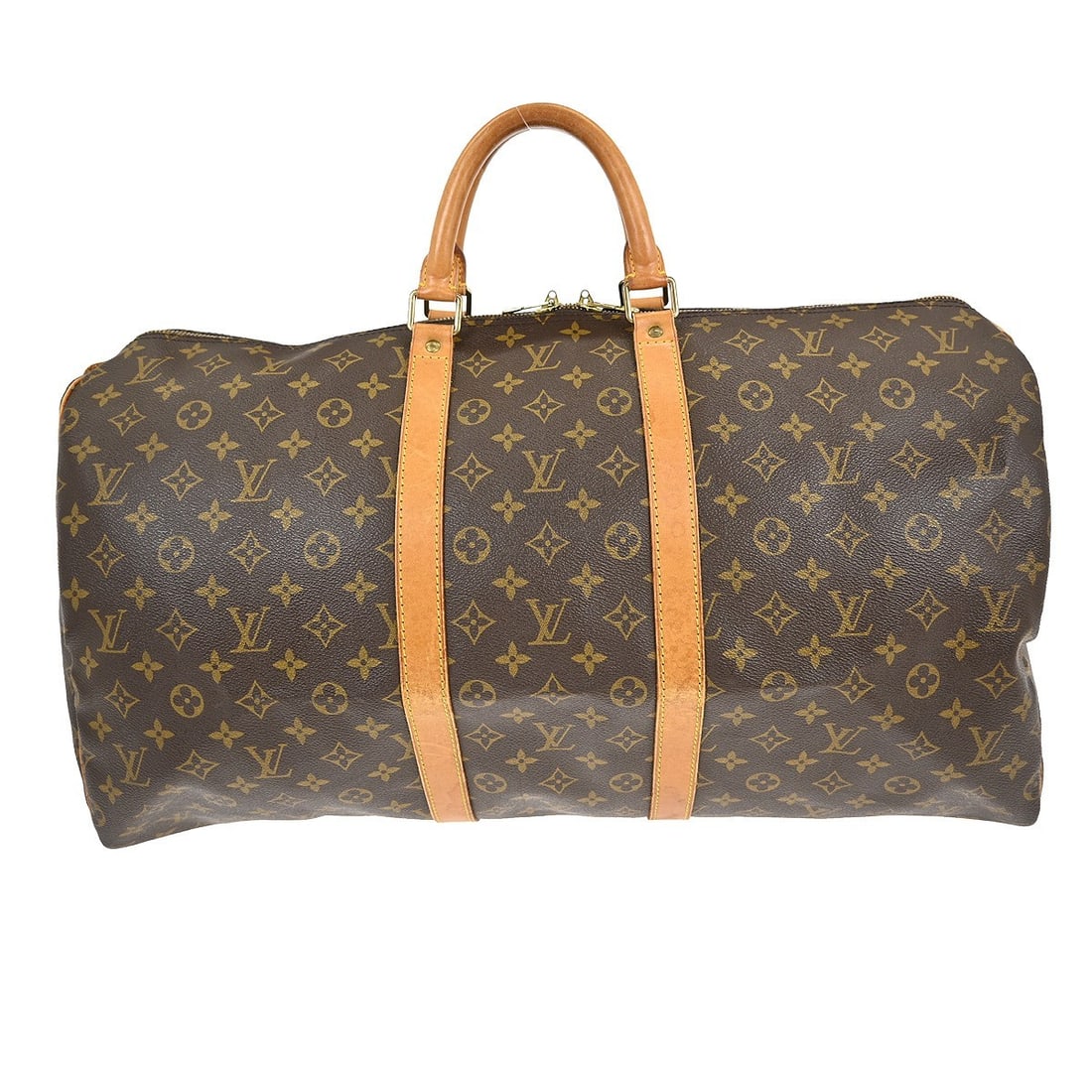 Keepall 55 Brown Canvas Travel Bag by Louis Vuitton: Keepall 55 Brown Canvas Travel Bag by Louis Vuitton The Louis Vuitton Keepall Bag in monogram canvas is a unisex travel bag measuring 55cm x 30cm x 25cm. Crafted in France, it features a brown canvas 