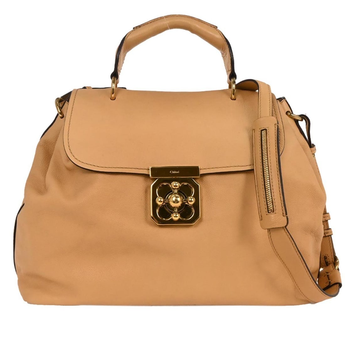 Chloe Beige Leather Elsie 2-Way Handbag with Gold Hardware: Chloe Beige Leather Elsie 2-Way Handbag with Gold Hardware Elevate your casual outings with the Chloe Beige Leather Elsie 2way Handbag. This stylish medium-sized handbag features a classic top handle 
