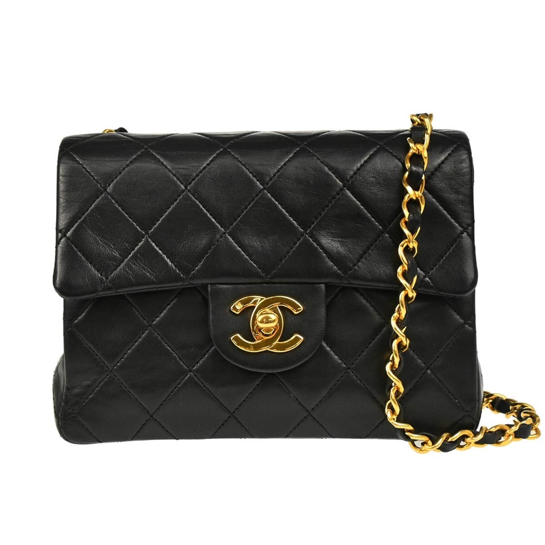 Chanel Black Quilted Lambskin Vintage Square Single Flap Leather Bag: Chanel Black Quilted Lambskin Vintage Square Single Flap Leather Bag This Chanel Vintage Square Classic Single Flap Bag features quilted black lambskin leather and is designed for female use. It is cr