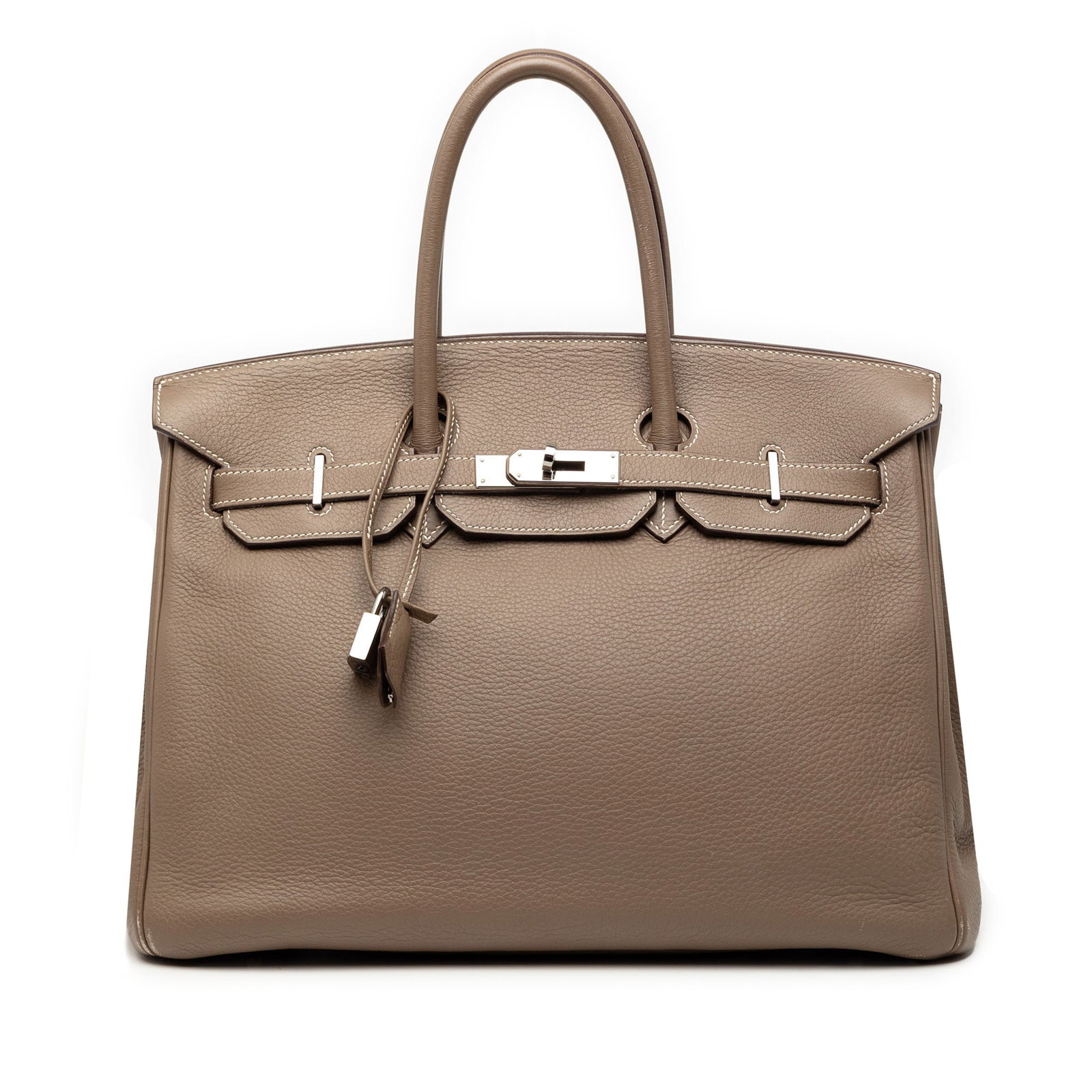 Hermes Birkin 35 Togo Leather Handbag in Etoupe Brown: Hermes Birkin 35 Togo Leather Handbag in Etoupe Brown This Hermes Birkin 35 showcases the iconic Retourne style, crafted from Togo leather in Etoupe color. It features rolled leather handles, a front 