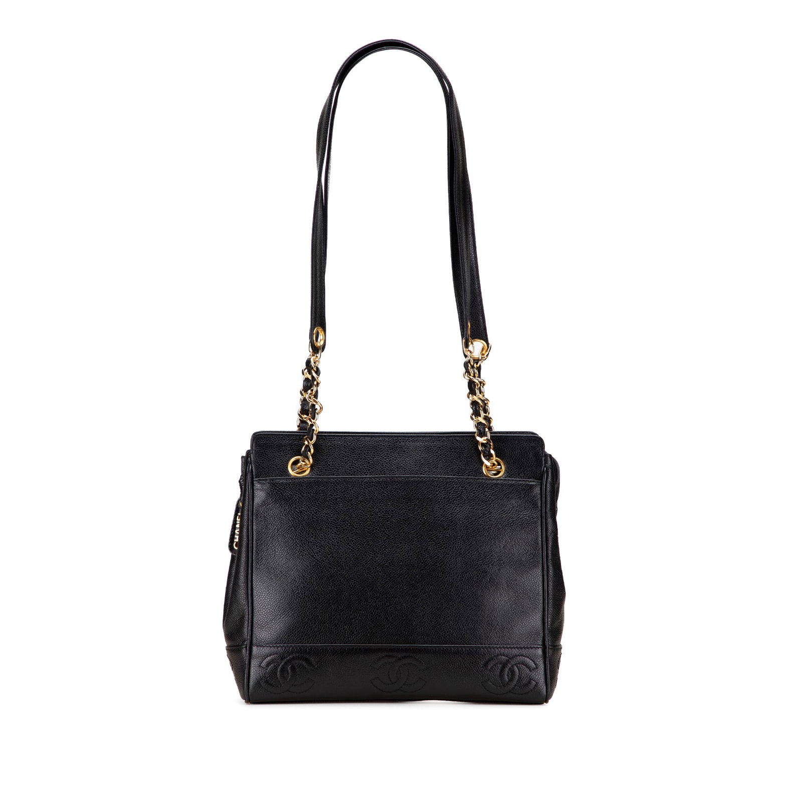 Chanel Triple CC Black Caviar Leather Tote Bag: Chanel Triple CC Black Caviar Leather Tote Bag This Chanel Triple CC Caviar Tote is a luxurious accessory crafted from premium caviar leather. It features stylish curb chain straps and a secure top zi