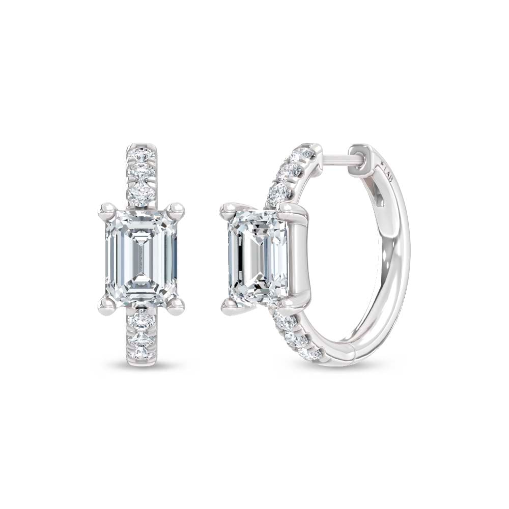14K White Gold Lab Grown Diamond 1 3/4 Ct.Tw. Emerald and Round Hoop Earrings: 14K White Gold Lab Grown Diamond 1 3/4 Ct.Tw. Emerald and Round Hoop Earrings 14K white gold hoops featuring 1 3/4 Ct.Tw. lab-grown diamonds in emerald and round cut combination. 14k White Gold Stone 