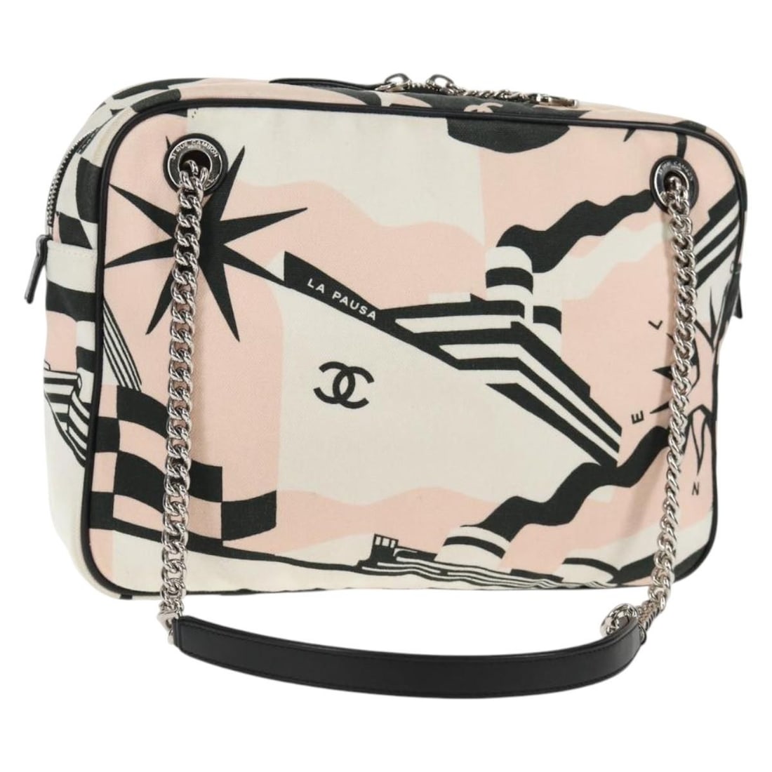 Chanel La Pausa Bay Pink Canvas Camera Case Bag 28cm by 21cm by 7cm: Chanel La Pausa Bay Pink Canvas Camera Case Bag 28cm by 21cm by 7cm This Chanel La Pausa Bay Camera Case Bag is crafted from pink printed canvas and designed for female use. The shoulder bag features 