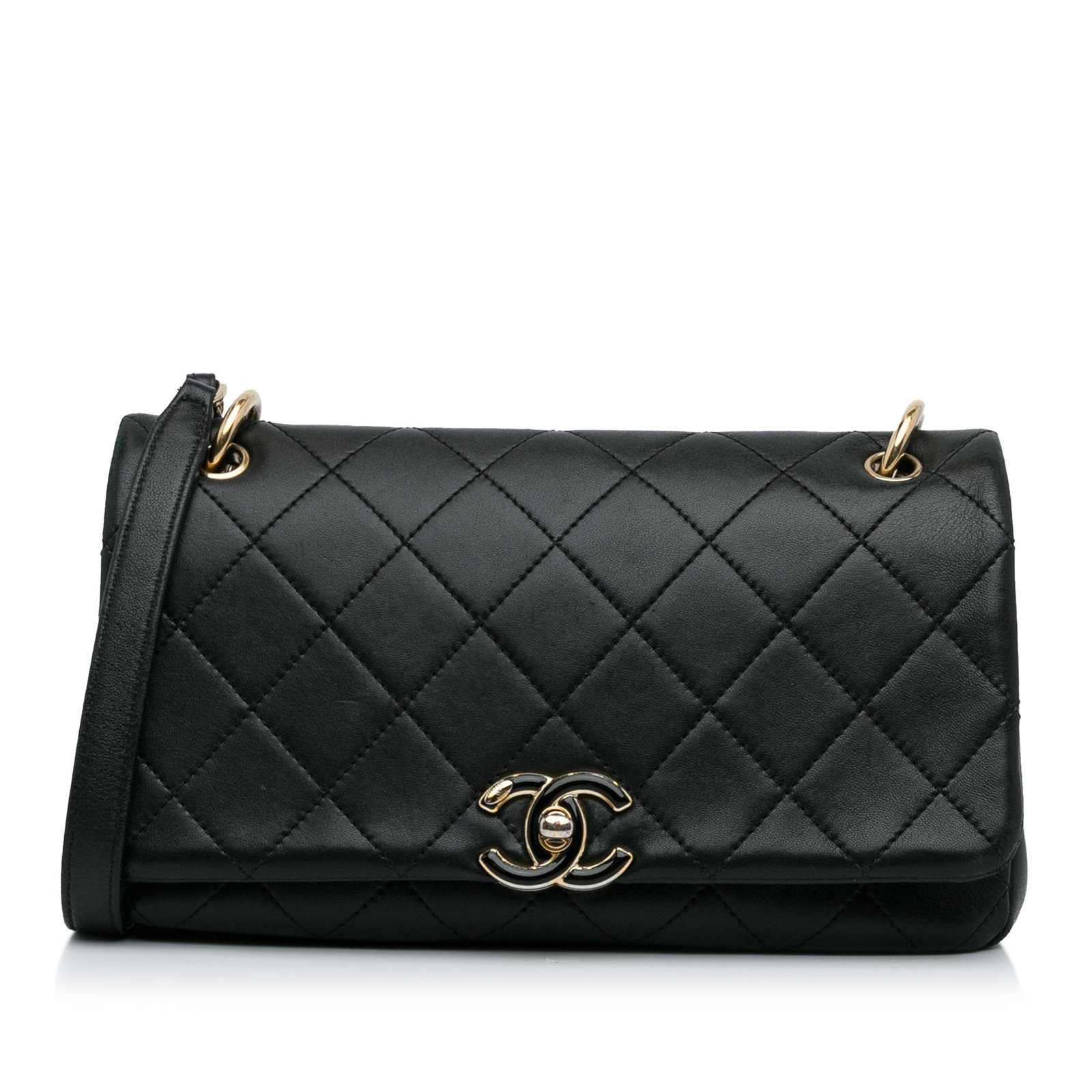 Chanel Large Black Lambskin Twist Chain Flap Bag with Enamel CC: Chanel Large Black Lambskin Twist Chain Flap Bag with Enamel CC This Chanel Large Lambskin Twist Chain Enamel CC Flap is a sophisticated crossbody bag crafted from luxurious quilted lambskin leather. 