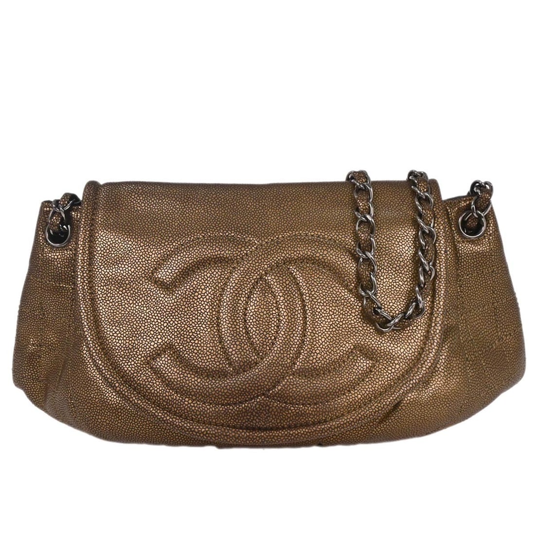 Chanel Bronze Leather Shoulder Bag with Chain Strap: Chanel Bronze Leather Shoulder Bag with Chain Strap This elegant Chanel Bronze Calfskin Shoulder Bag is a perfect addition to your casual wardrobe. Crafted from luxurious leather in a stunning gold co