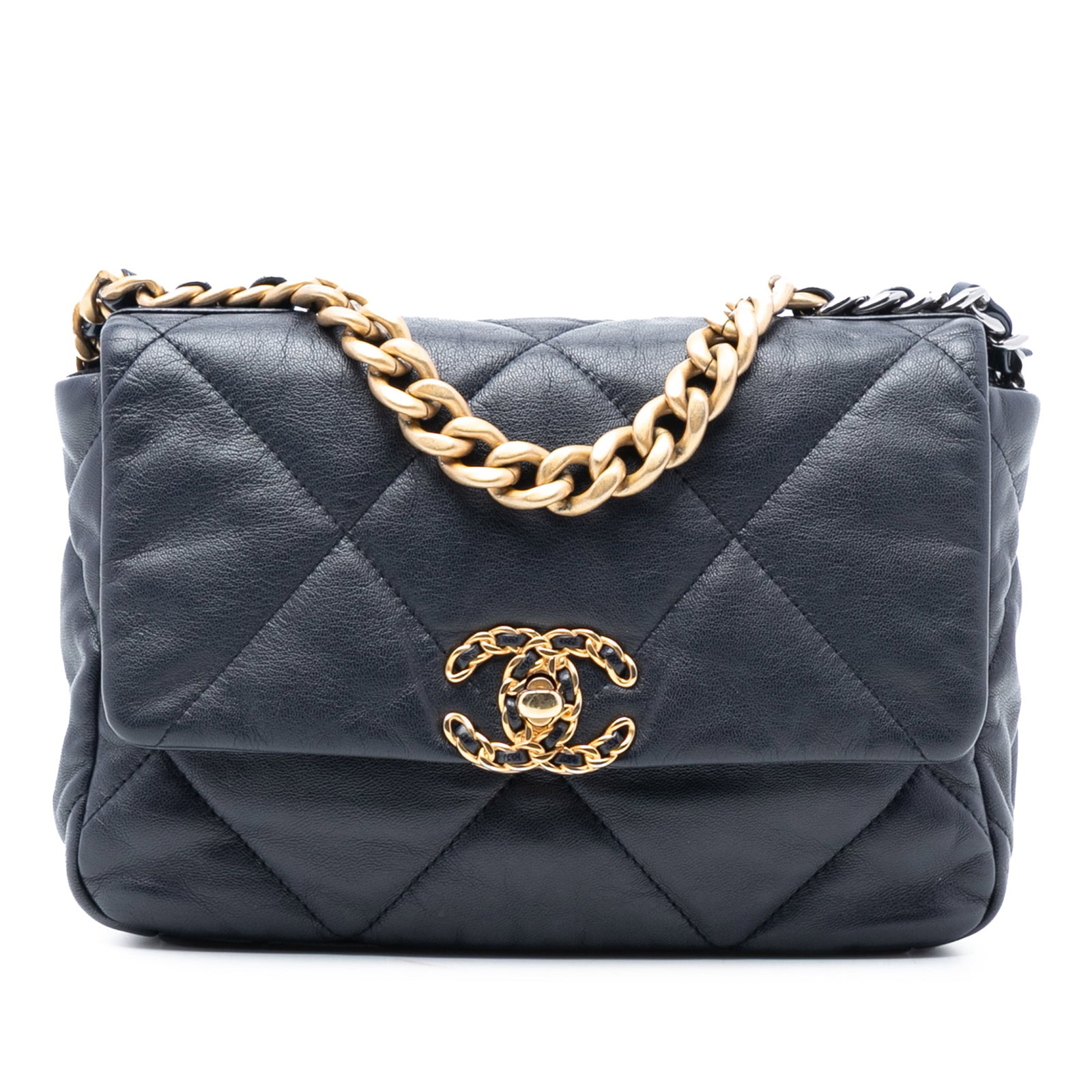 Black Chanel 19 Medium Flap Bag Quilted Lambskin Gold Chain Handle: Black Chanel 19 Medium Flap Bag Quilted Lambskin Gold Chain Handle This Chanel Medium Lambskin 19 Flap bag features a quilted black lambskin leather exterior, gold-tone chain handle, and a woven leath