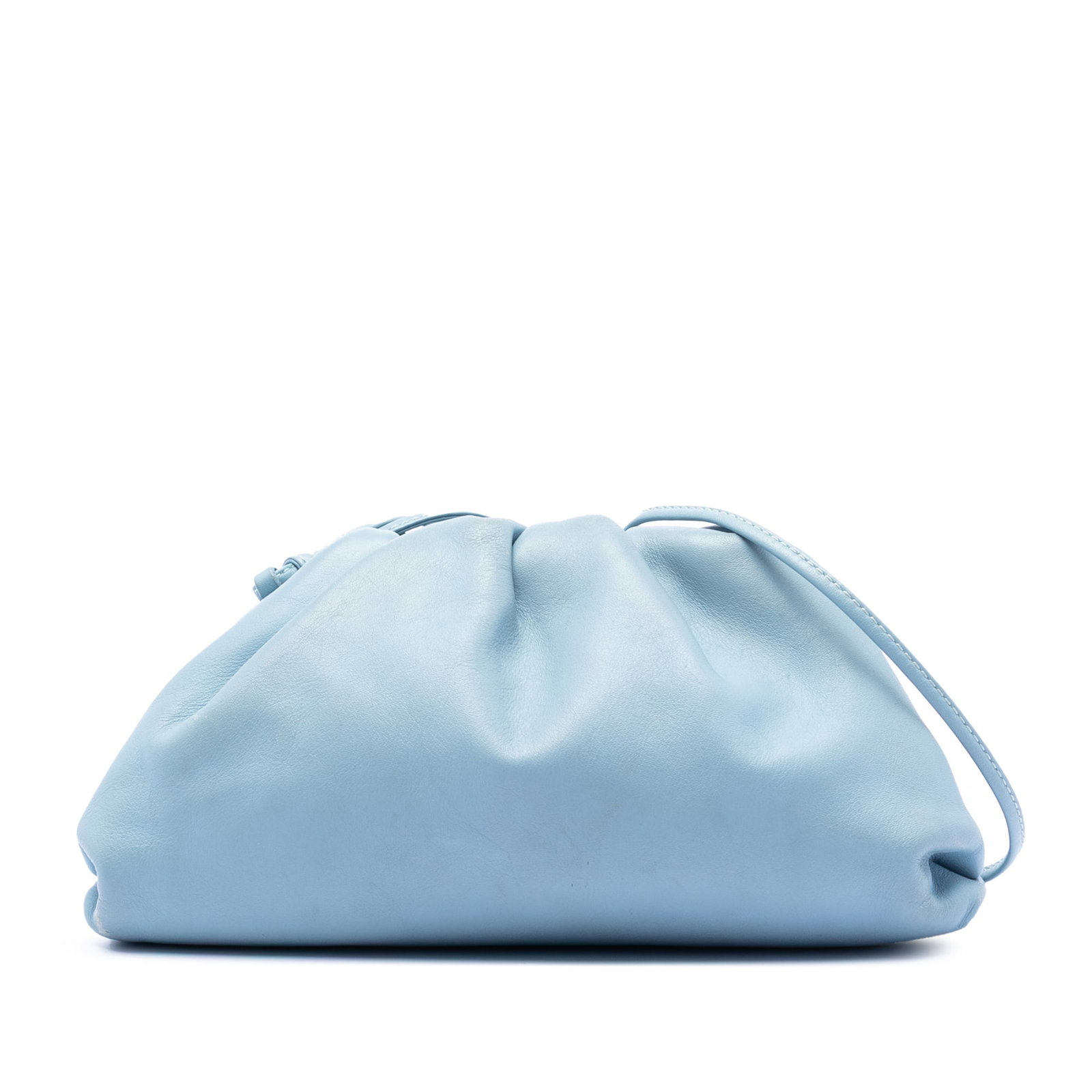 Bottega Veneta Mini Pouch Blue Leather Crossbody Bag: Bottega Veneta Mini Pouch Blue Leather Crossbody Bag This Bottega Veneta Mini Pouch Crossbody features a blue lambskin leather body, a flat leather strap, and a magnetic snap closure. The bag shows si