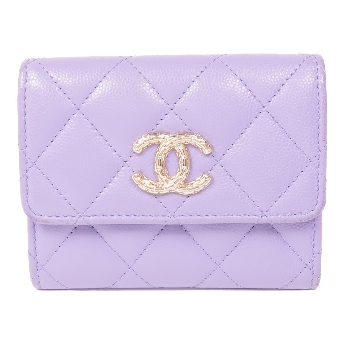 CHANEL Purple Calfskin Leather Bi-fold Wallet AP088 GHW: CHANEL Purple Calfskin Leather Bi-fold Wallet AP088 GHW This elegant CHANEL bi-fold wallet showcases a luxurious purple calfskin leather exterior, exuding sophistication and style. Manufactured in Fra