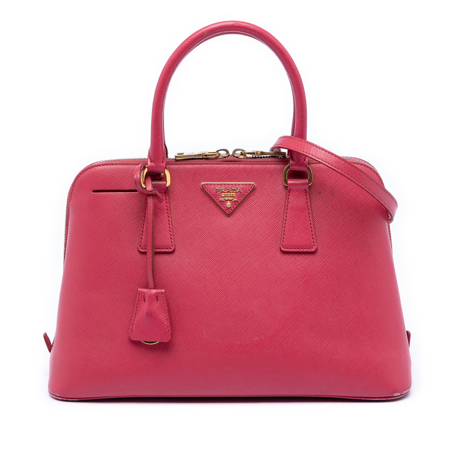 Prada Saffiano Leather Medium Promenade Pink Satchel Bag: Prada Saffiano Leather Medium Promenade Pink Satchel Bag This Prada Medium Saffiano Lux Promenade Satchel features a pink leather body with rolled leather handles, a top zip closure, an interior zip c