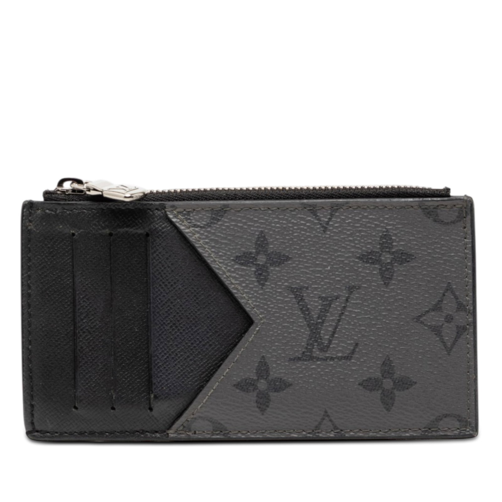 Louis Vuitton Monogram Eclipse Reverse Taigarama Black Card and Coin Wallet: Louis Vuitton Monogram Eclipse Reverse Taigarama Black Card and Coin Wallet This Louis Vuitton card holder features a monogram eclipse canvas body with exterior card slots and a top zip closure. The i