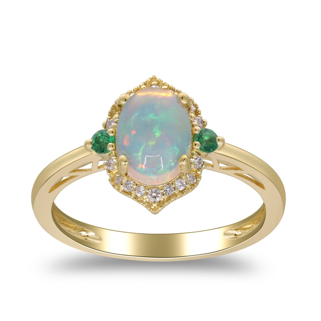 14K Yellow Gold Women's Opal and Diamond Cocktail Ring Size 7: 14K Yellow Gold Women's Opal and Diamond Cocktail Ring Size 7 This women's cocktail ring features a 0.81 carat round brilliant white opal as the main stone, accented by 0.08 carats of diamonds. Crafte