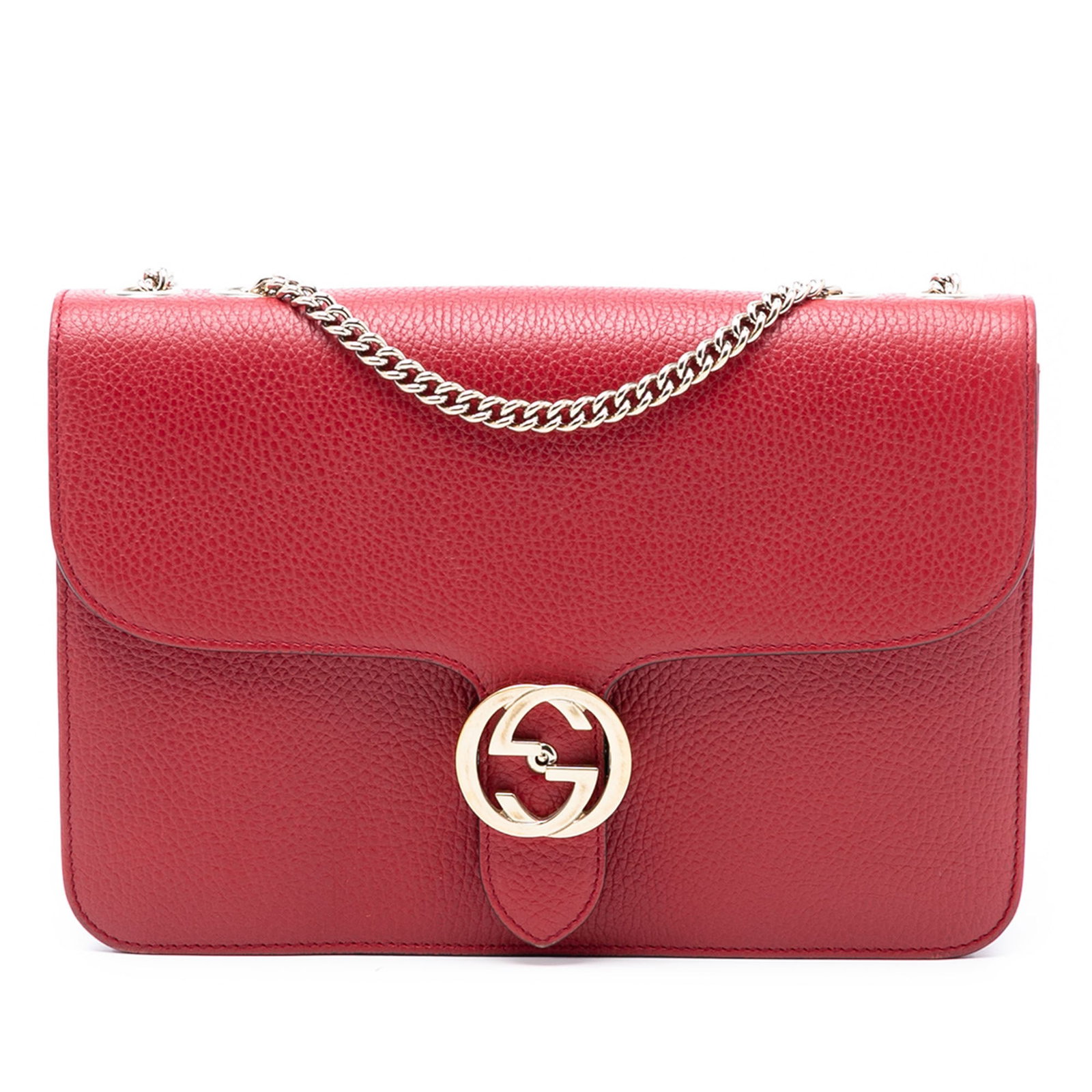 Gucci Interlocking G Red Leather Medium Crossbody Bag with Chain Strap: Gucci Interlocking G Red Leather Medium Crossbody Bag with Chain Strap This Gucci Medium Dollar Calfskin Interlocking G Crossbody bag features a red leather body, a chain link strap with a leather sho
