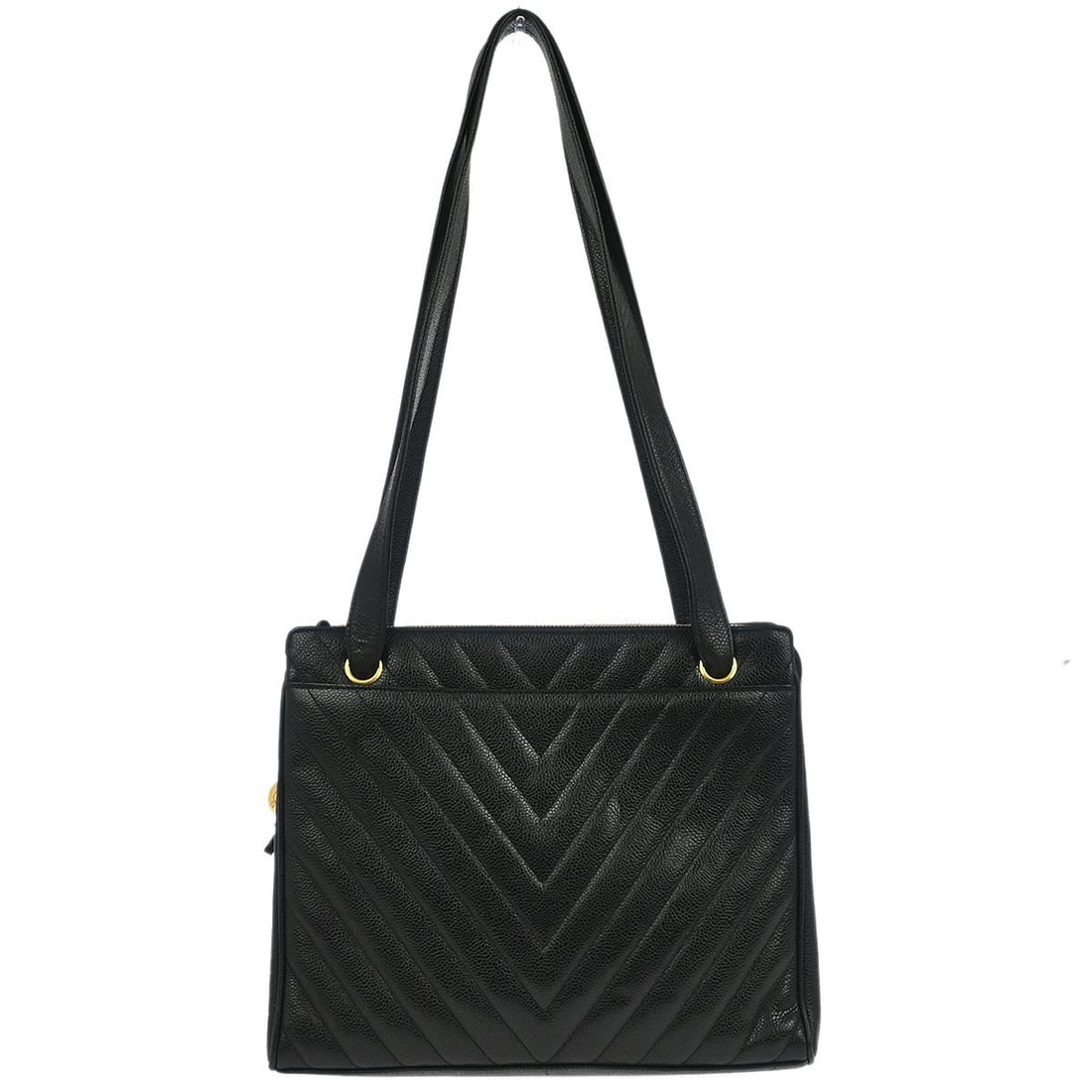 Chanel Chevron Caviar Leather Vintage Black Shoulder Bag with Zip: Chanel Chevron Caviar Leather Vintage Black Shoulder Bag with Zip This Chanel Vintage Zip Shoulder Bag features a classic chevron pattern crafted from black leather. Designed for women, it is a should