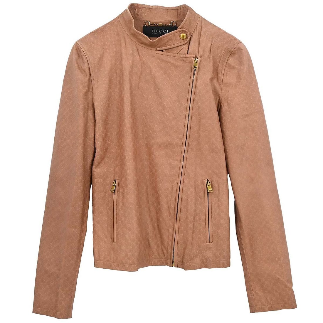 Pink Gucci Collared Women s Mid Length Jacket: Pink Gucci Collared Women s Mid Length Jacket This Gucci single-breasted zip-up jacket in pink offers a stylish and versatile option for casual wear. Designed with a collared neckline and button accen