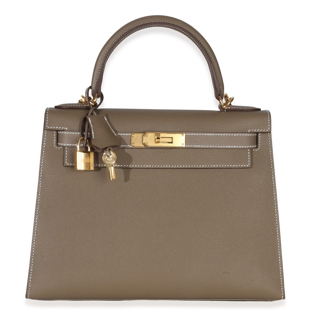 Hermes Kelly 28 Etoupe Epsom Leather Bag with Gold Hardware and Accessories: Hermes Kelly 28 Etoupe Epsom Leather Bag with Gold Hardware and Accessories This Hermes Kelly 28 Sellier bag is crafted from Etoupe Epsom leather with a gray exterior and matching leather lining. It f