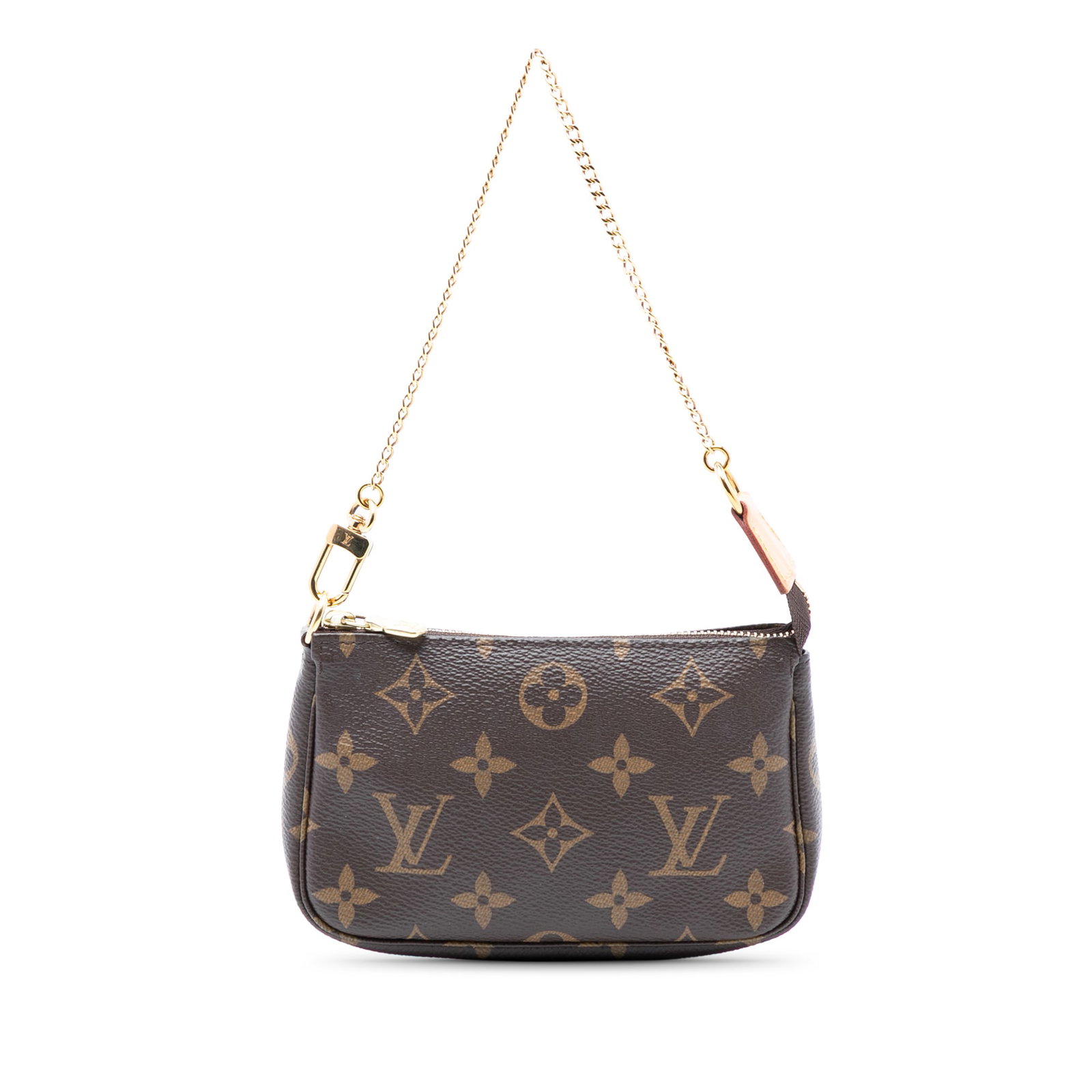 Louis Vuitton Mini Pochette Accessoires Monogram Canvas Bag with Chain Strap: Louis Vuitton Mini Pochette Accessoires Monogram Canvas Bag with Chain Strap The Louis Vuitton Monogram Mini Pochette Accessoires features a monogram canvas body with a gold-tone chain link strap and 