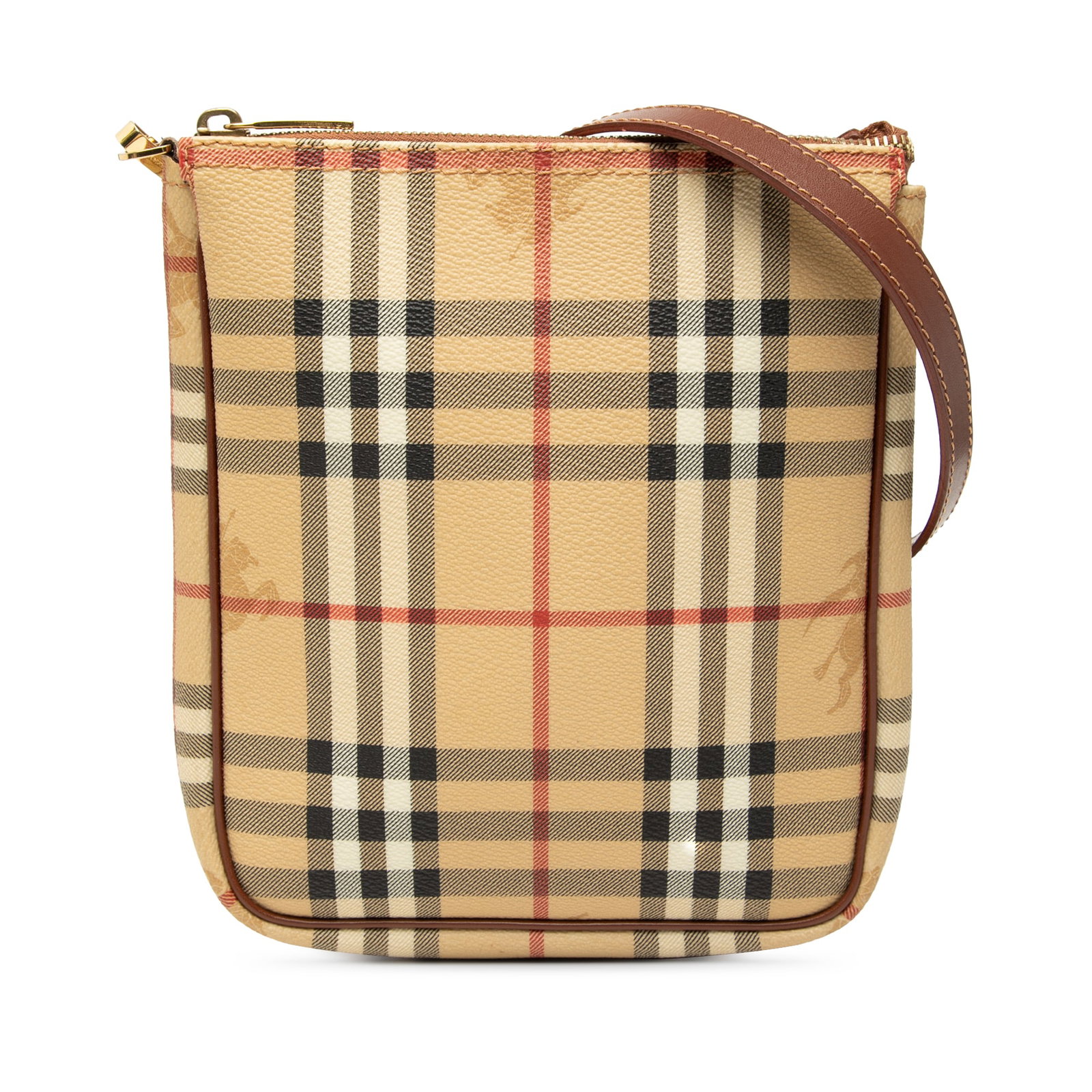 Burberry Haymarket Check Beige Coated Canvas Crossbody Bag with Leather Trim: Burberry Haymarket Check Beige Coated Canvas Crossbody Bag with Leather Trim This Burberry Haymarket Check crossbody bag features a coated canvas body with leather trim, an adjustable flat leather str