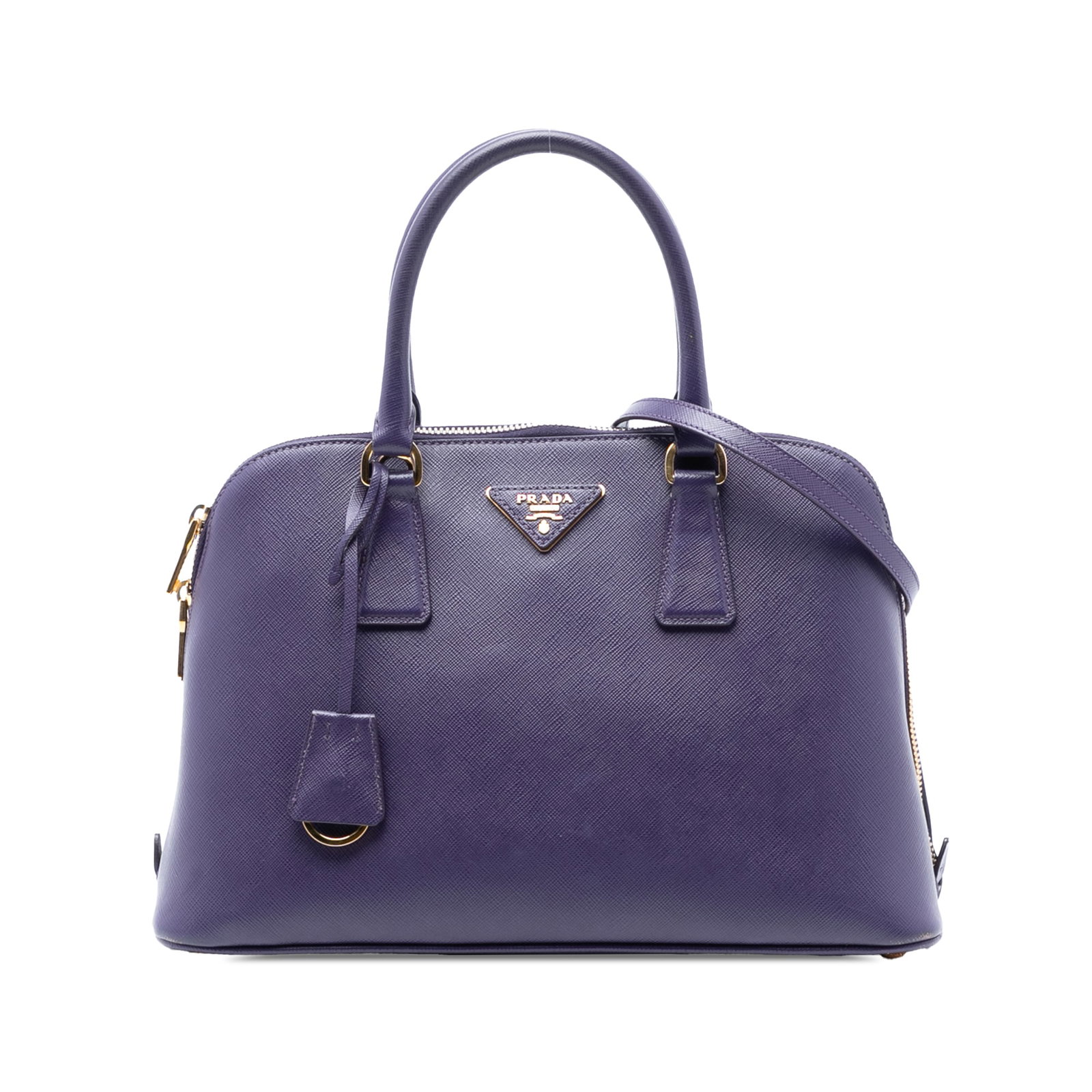 Prada Purple Saffiano Leather Promenade Medium Satchel with Detachable Strap: Prada Purple Saffiano Leather Promenade Medium Satchel with Detachable Strap This Prada Medium Saffiano Lux Promenade Satchel features a purple saffiano lux leather exterior, rolled leather handles, a