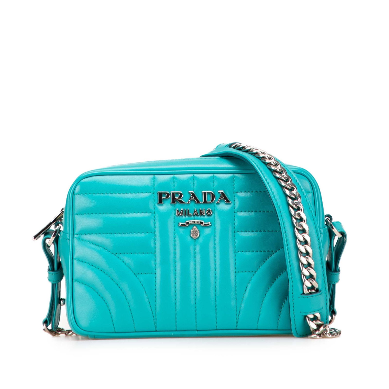 Prada Soft Calf Diagramme Blue Camera Bag with Chain Strap: Prada Soft Calf Diagramme Blue Camera Bag with Chain Strap Introducing the Prada Soft Calf Diagramme Camera Bag, a stylish crossbody option crafted from high-quality leather. This bag features a disti