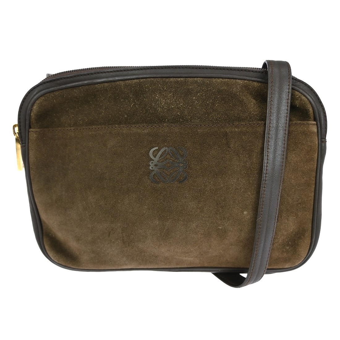 Loewe Small Brown Suede Leather Shoulder Bag with Zip Closure: Loewe Small Brown Suede Leather Shoulder Bag with Zip Closure This is a Loewe small shoulder bag crafted from brown suede leather with a matching brown leather shoulder strap. The bag features a zip c
