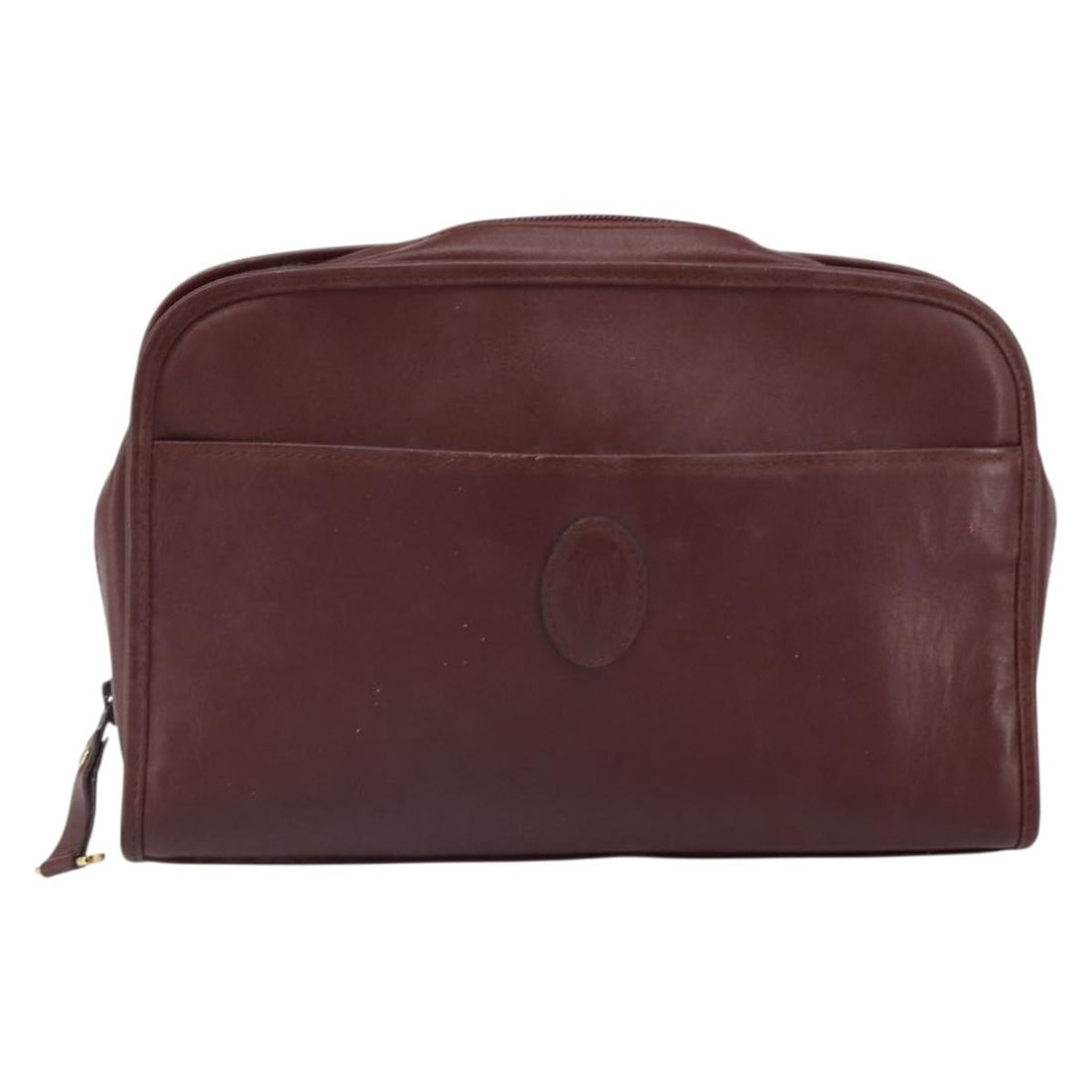 Must de Cartier burgundy leather clutch bag for women: Must de Cartier burgundy leather clutch bag for women This Must de Cartier clutch bag is crafted from burgundy leather and designed for women. The clutch features metal fittings and offers a sophistic