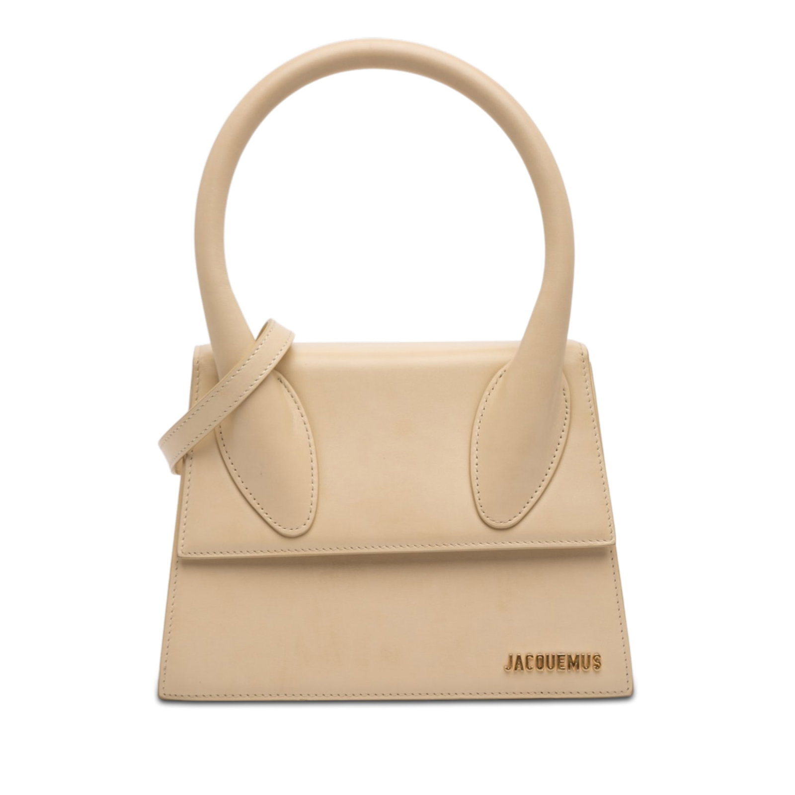 Jacquemus Le Grand Chiquito Beige Leather Handbag with Shoulder Strap: Jacquemus Le Grand Chiquito Beige Leather Handbag with Shoulder Strap This Jacquemus Le Grand Chiquito handbag features a smooth leather body in beige, a rolled leather handle, a detachable flat leath