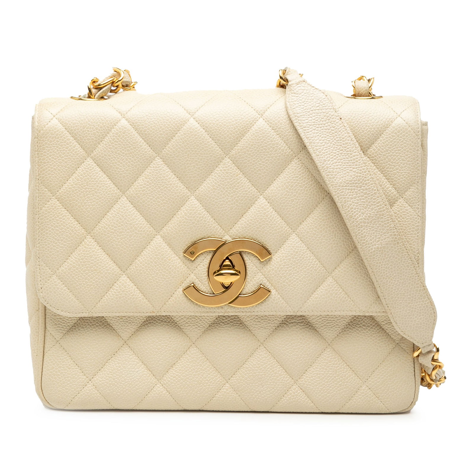 Chanel Brown Quilted Caviar XL Square Flap Crossbody Bag: Chanel Brown Quilted Caviar XL Square Flap Crossbody Bag This Chanel XL CC Quilted Caviar Square Single Flap crossbody bag features a quilted caviar leather body, a leather woven chain link strap with