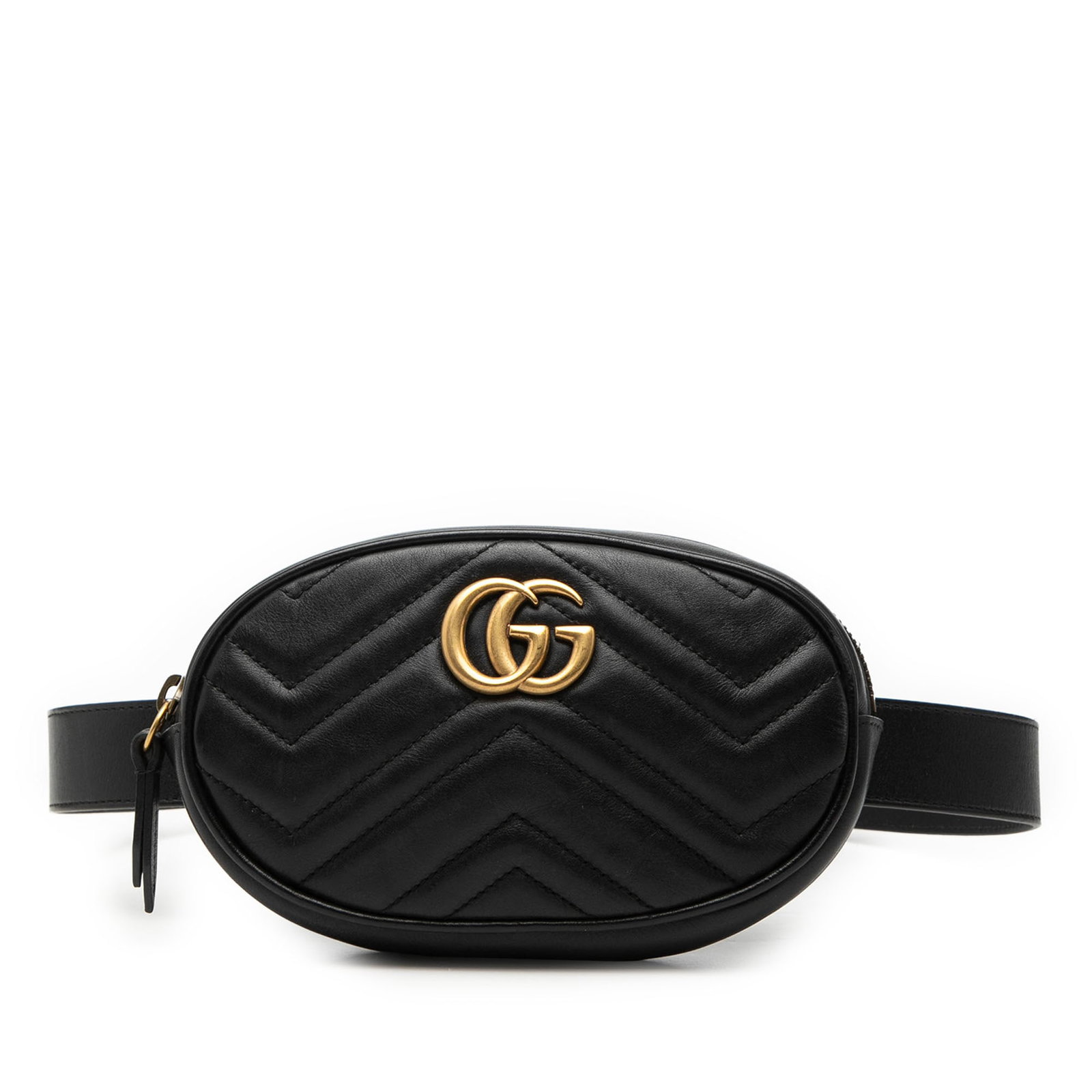 Black Leather GG Marmont Quilted Waist Bag by Gucci: Black Leather GG Marmont Quilted Waist Bag by Gucci This Gucci GG Marmont Matelasse leather belt bag features a quilted leather exterior in black, an adjustable flat leather waist strap, a top zip clo