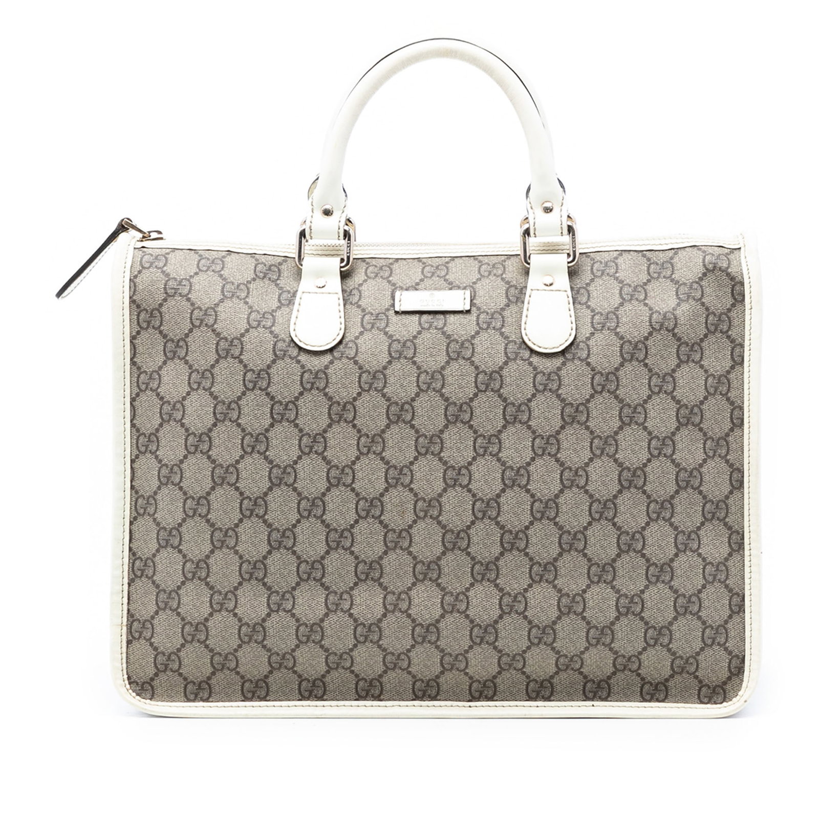 Gucci GG Supreme Beige Canvas Satchel with Leather Trim: Gucci GG Supreme Beige Canvas Satchel with Leather Trim This Gucci GG Supreme Satchel features a coated canvas body with leather trim, rolled leather handles, a top zip closure, and an interior slip p