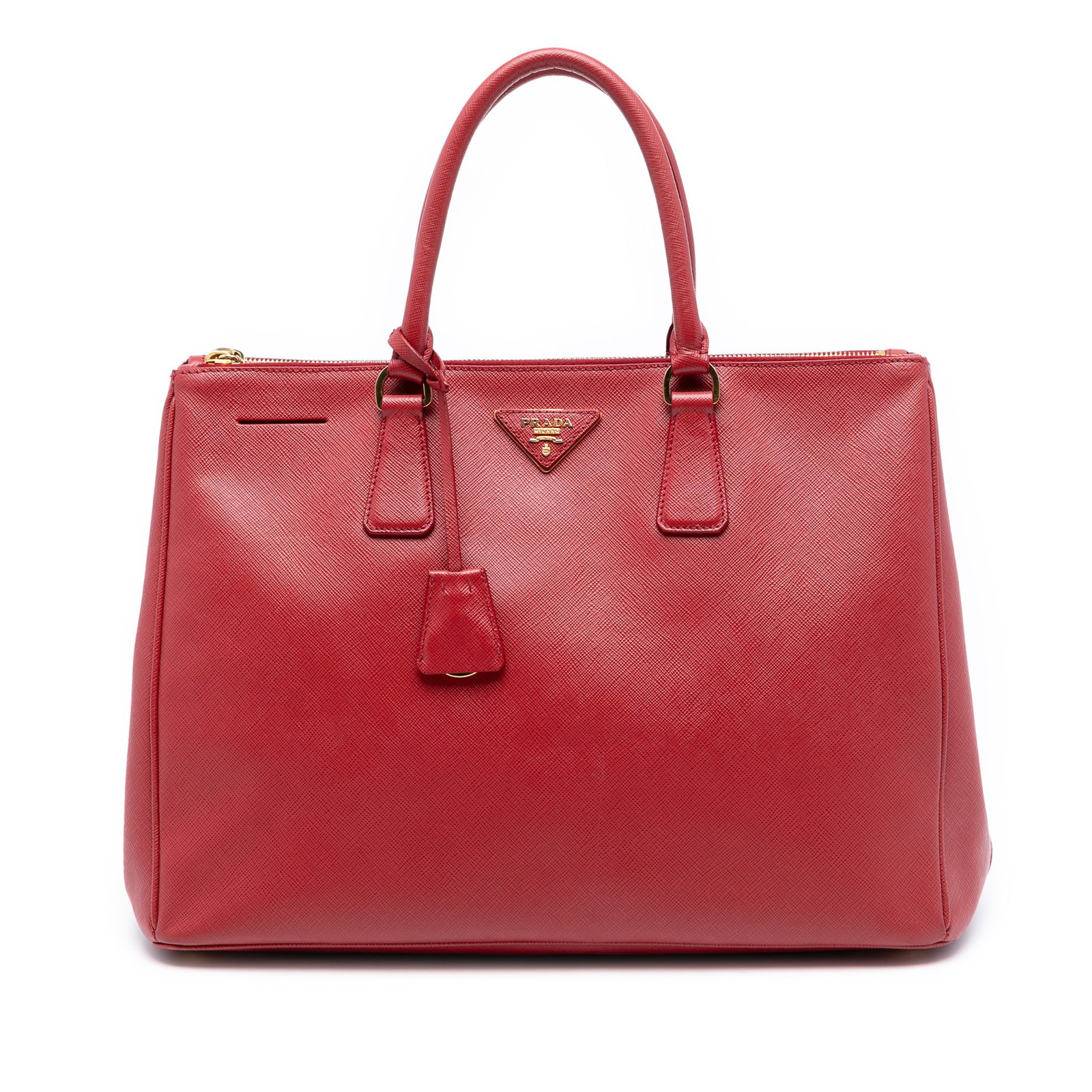 Red Prada Galleria Saffiano Leather Satchel with Double Zip Compartments: Red Prada Galleria Saffiano Leather Satchel with Double Zip Compartments This Prada Large Saffiano Lux Galleria Double Zip Satchel is crafted from saffiano leather in red and features rolled leather h