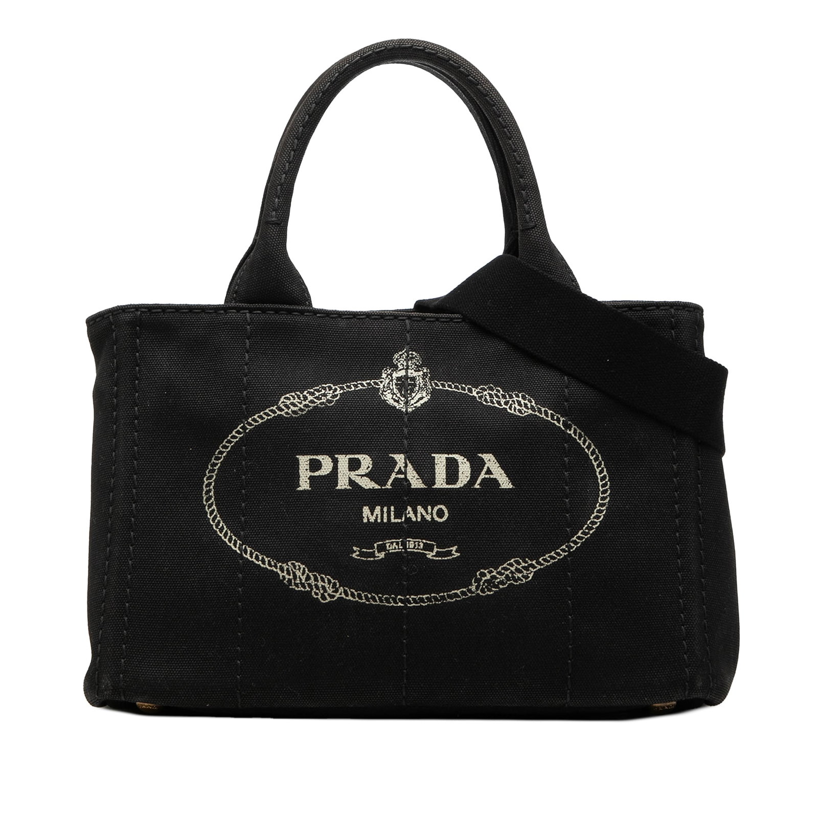 Prada Canapa Black Canvas Satchel with Detachable Strap: Prada Canapa Black Canvas Satchel with Detachable Strap This Prada Small Canvas Canapa Logo Satchel is crafted from black canvas and features rolled canvas handles, a detachable flat strap, and an ope