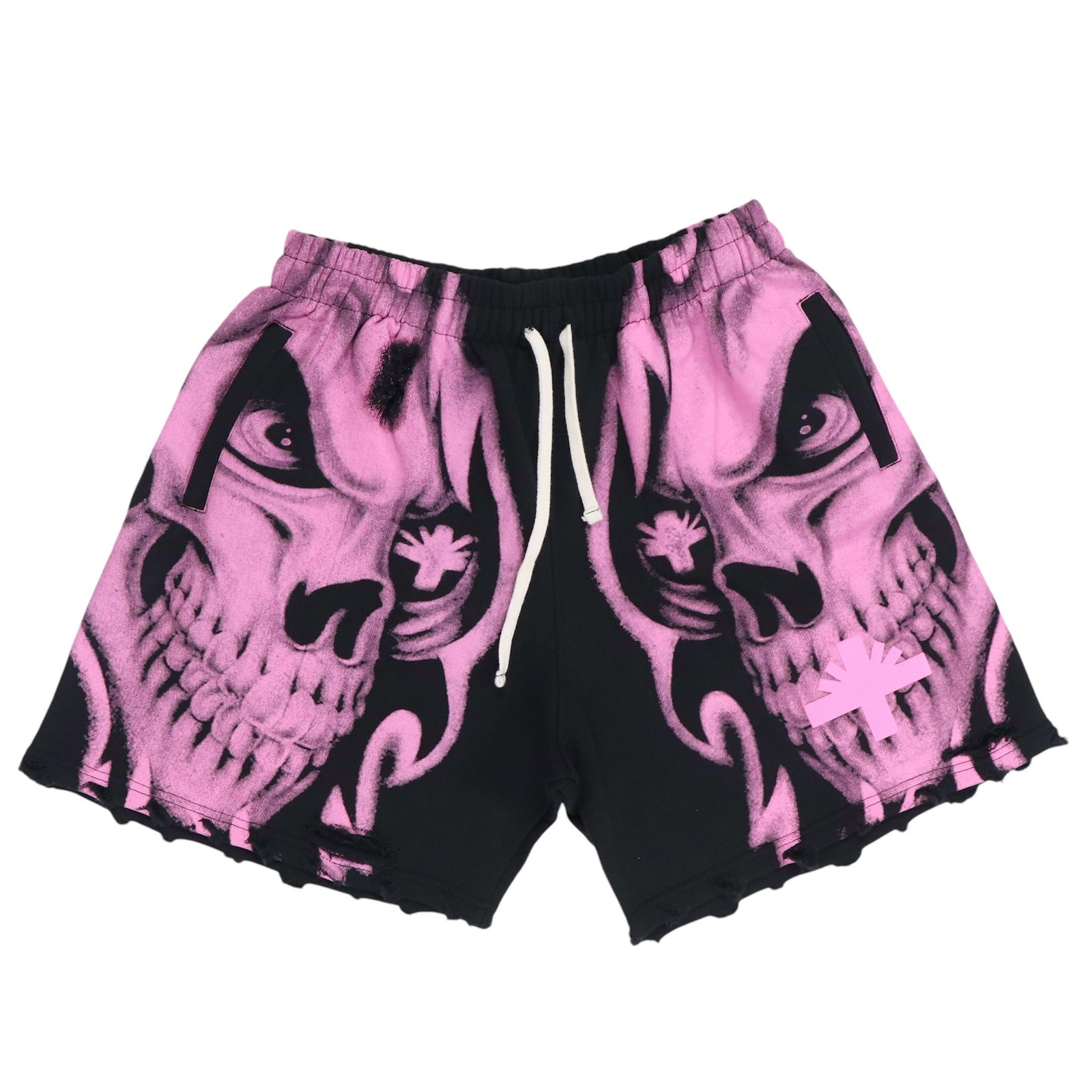 XXL Distressed Black Shorts Vertabrae Pink Skull Storm Design: XXL Distressed Black Shorts Vertabrae Pink Skull Storm Design These Vertabrae Pink Skull Storm Distressed Black Shorts feature a bold design with a pink skull storm motif on a black base. Crafted in a