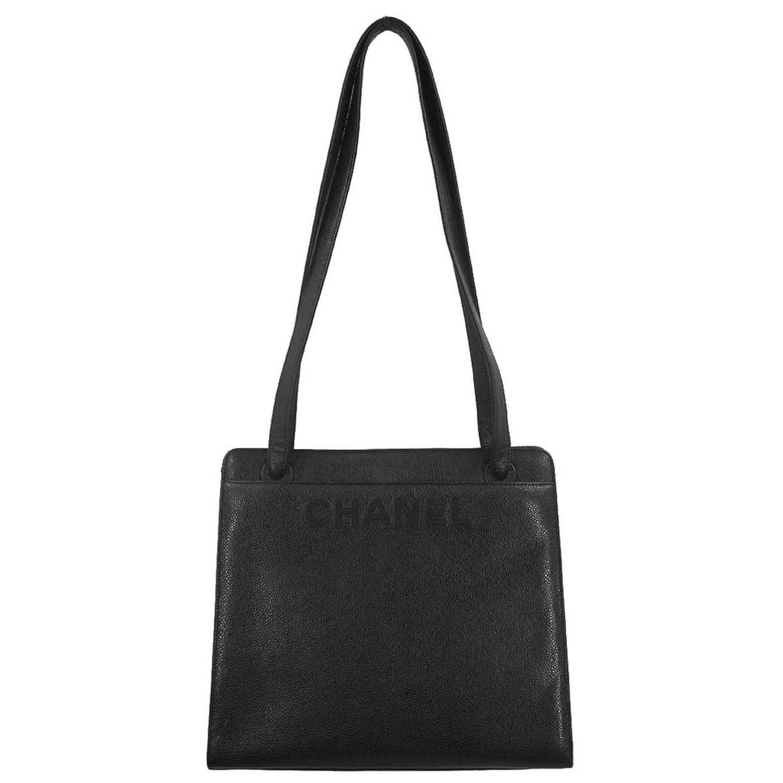 Chanel Caviar Leather Large Black Shoulder Tote with Logo Accent: Chanel Caviar Leather Large Black Shoulder Tote with Logo Accent This Chanel shoulder tote bag is crafted from black caviar skin leather and features the iconic logo accent. Designed in a large size, 