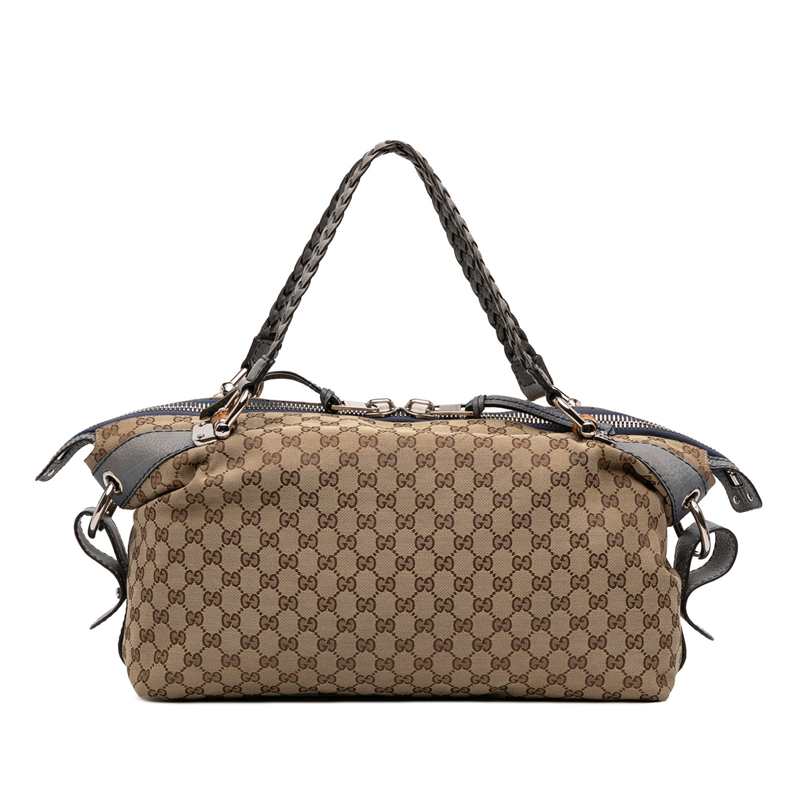 Medium Bamboo Bar Tote Bag by Gucci in GG Canvas Beige: Medium Bamboo Bar Tote Bag by Gucci in GG Canvas Beige This Gucci Medium GG Canvas Bamboo Bar Tote features a beige canvas body with leather trim, braided leather straps, and a top zip closure. The in
