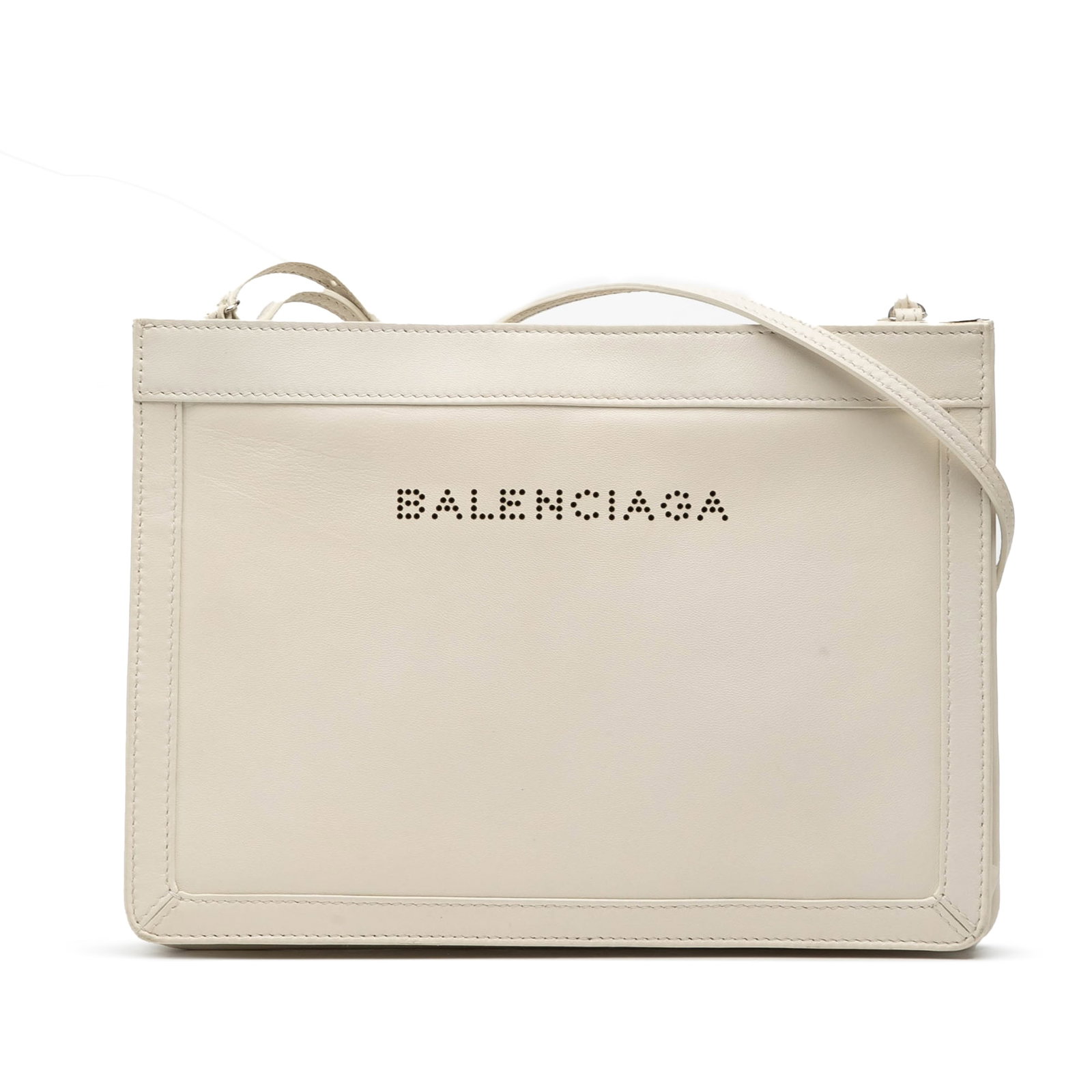 Balenciaga Navy Leather Pochette Bag with Perforated Logo and Crossbody Strap: Balenciaga Navy Leather Pochette Bag with Perforated Logo and Crossbody Strap This Balenciaga Leather Perforated Logo Navy Pochette Crossbody features a perforated leather body in white, an adjustable