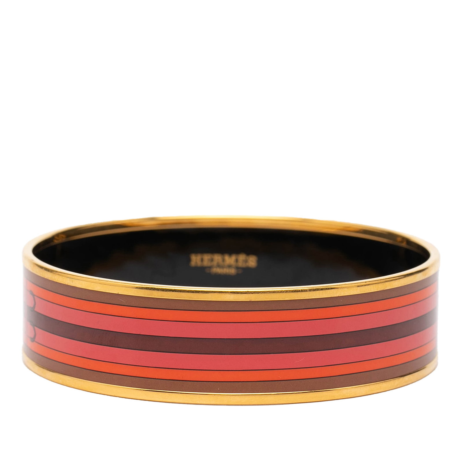Hermes Wide Enamel Bangle 65 Gold Plated Brass Bracelet: Hermes Wide Enamel Bangle 65 Gold Plated Brass Bracelet This Hermes wide bangle features a gold plated brass body adorned with printed enamel detail in brown tones. The bracelet is categorized as cost