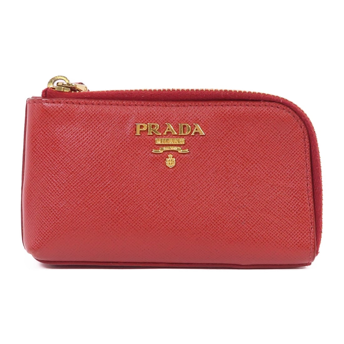 PRADA Red Leather Coin Case with Gold Hardware: PRADA Red Leather Coin Case with Gold Hardware This PRADA coin purse is crafted from high-quality leather in a vibrant red color. Designed for functionality and style, it features a classic coin purse