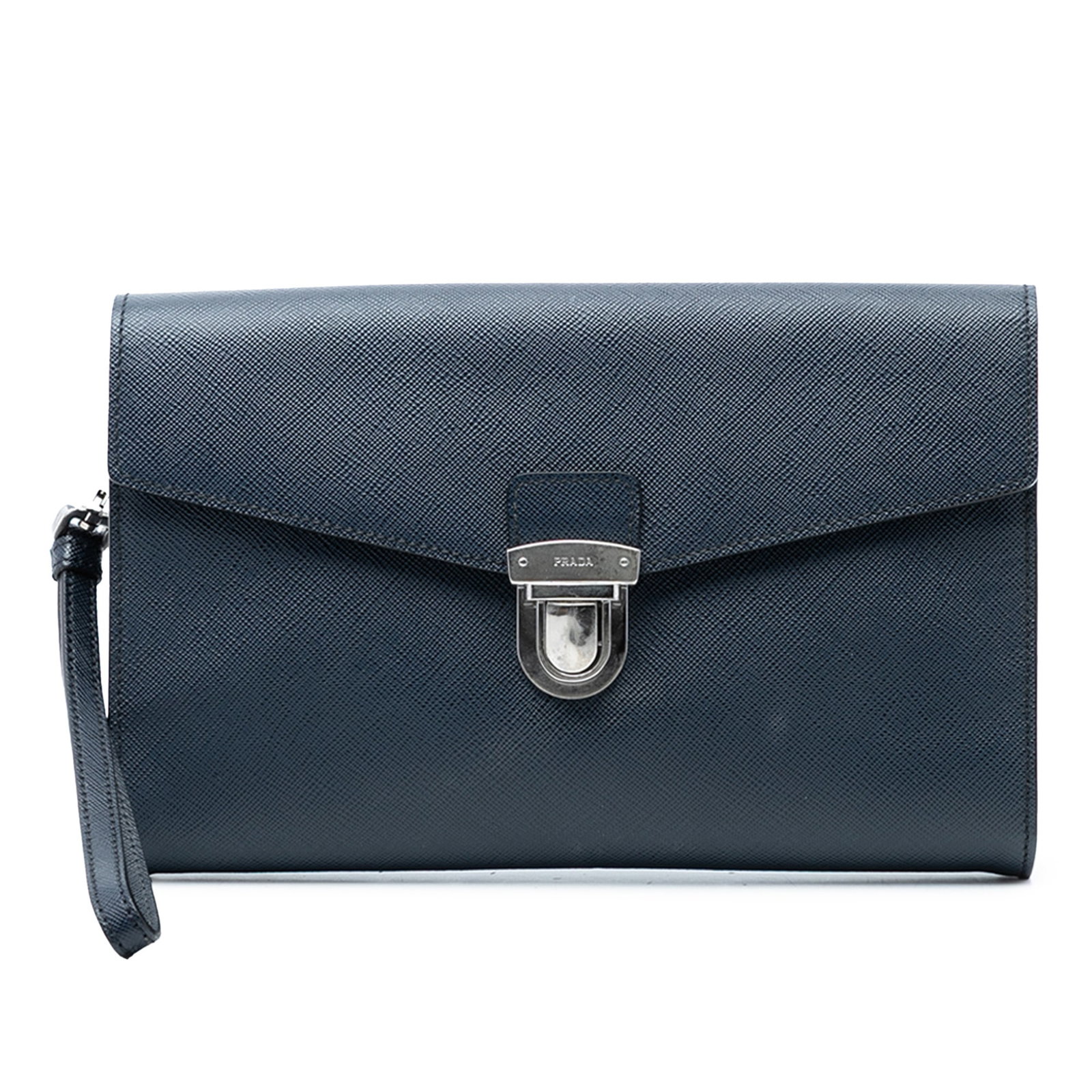 Blue Saffiano Leather Envelope Clutch Bag with Push Lock by Prada: Blue Saffiano Leather Envelope Clutch Bag with Push Lock by Prada This Prada Saffiano Envelope Pushlock Clutch features a blue saffiano leather body with a top flap and push lock closure. It includes 