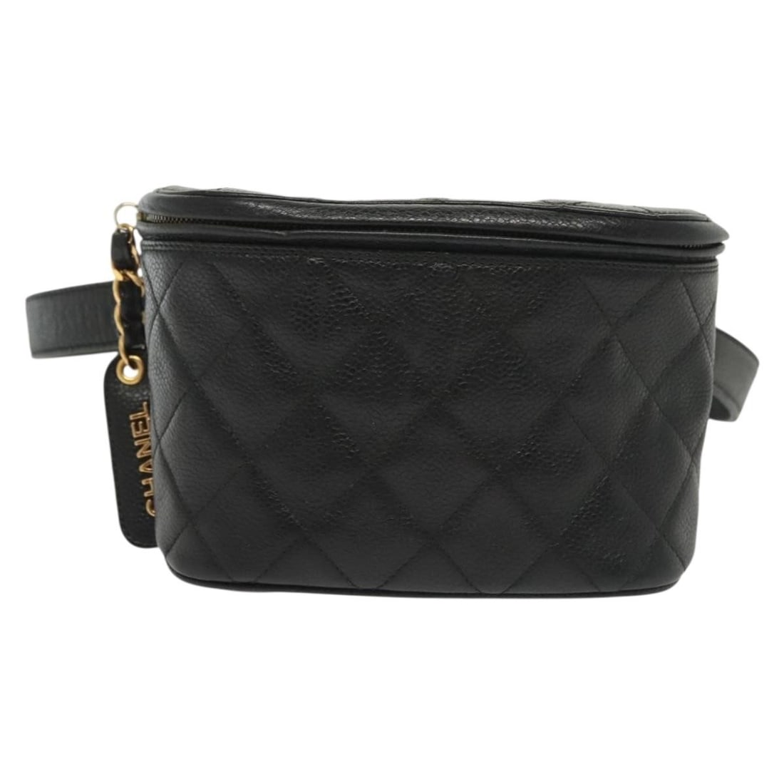 Black Quilted Caviar Leather Chanel Vintage Belt Bag with Zip Closure: Black Quilted Caviar Leather Chanel Vintage Belt Bag with Zip Closure This Chanel Vintage Zip Belt Bag features classic black quilted caviar leather and is designed for women. The bag is crafted in It