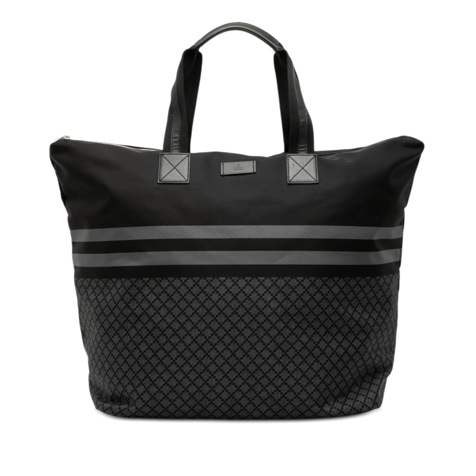 Gucci Diamante Black Nylon Web Tote Bag with Top Zip Closure: Gucci Diamante Black Nylon Web Tote Bag with Top Zip Closure This Gucci Diamante Nylon Web Tote features a printed nylon body in black, flat handles, a top zip closure, and interior zip and slip pocke