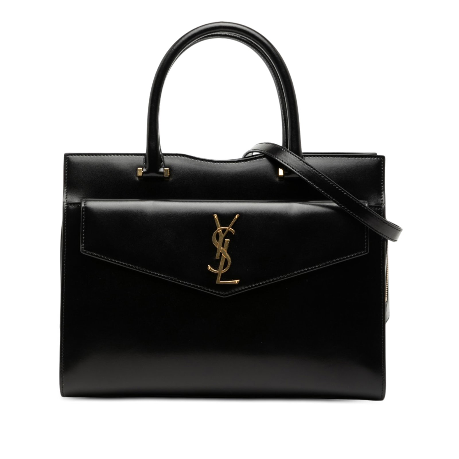 Saint Laurent Uptown Medium Black Leather Satchel with Monogram Detail: Saint Laurent Uptown Medium Black Leather Satchel with Monogram Detail This Saint Laurent Medium Smooth Calfskin Monogram Uptown Satchel features a black leather exterior with rolled leather handles, 